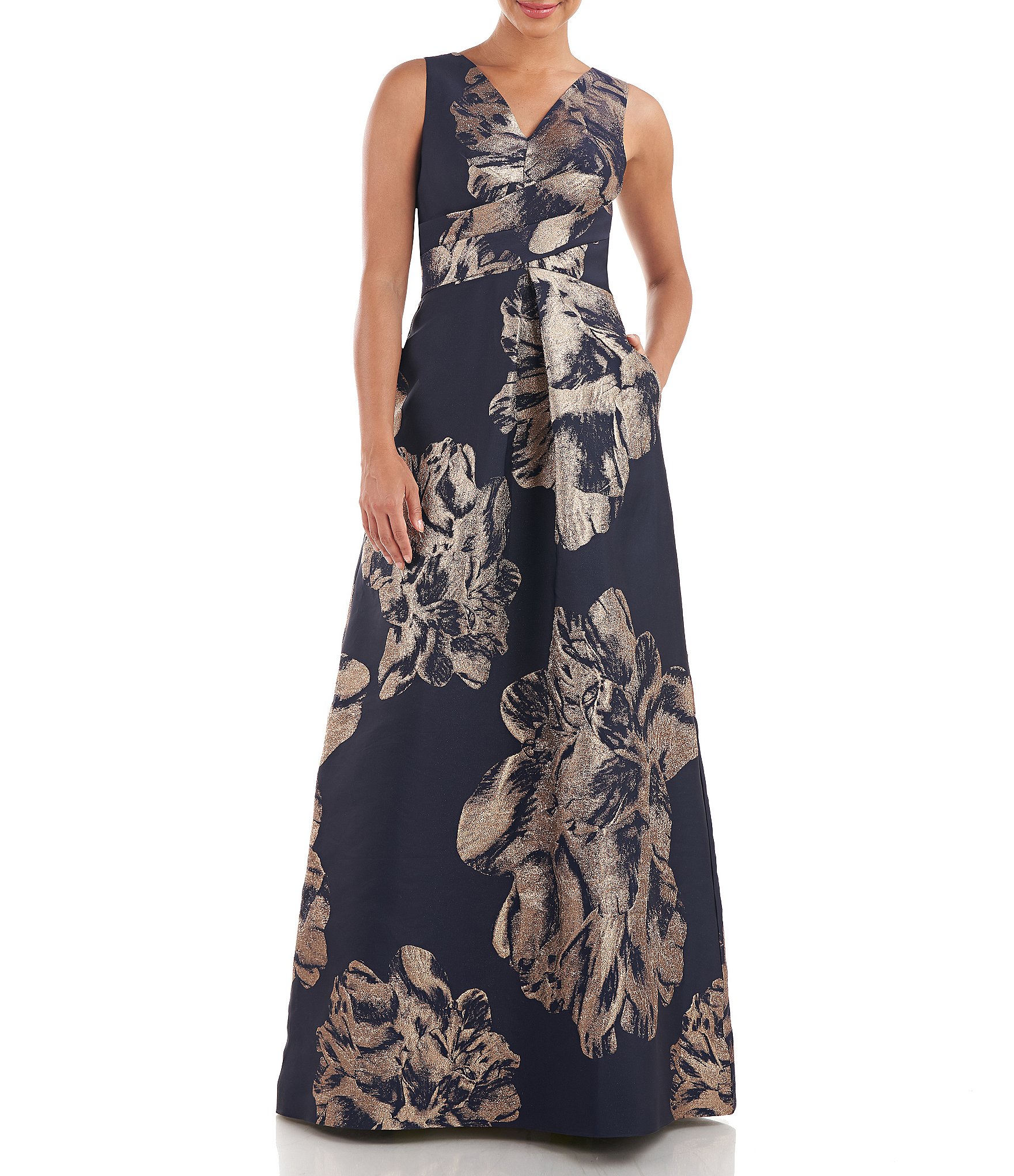 Kay Unger Foiled Floral Sleeveless V-Neck Pleated A-Line Gown | Dillard's