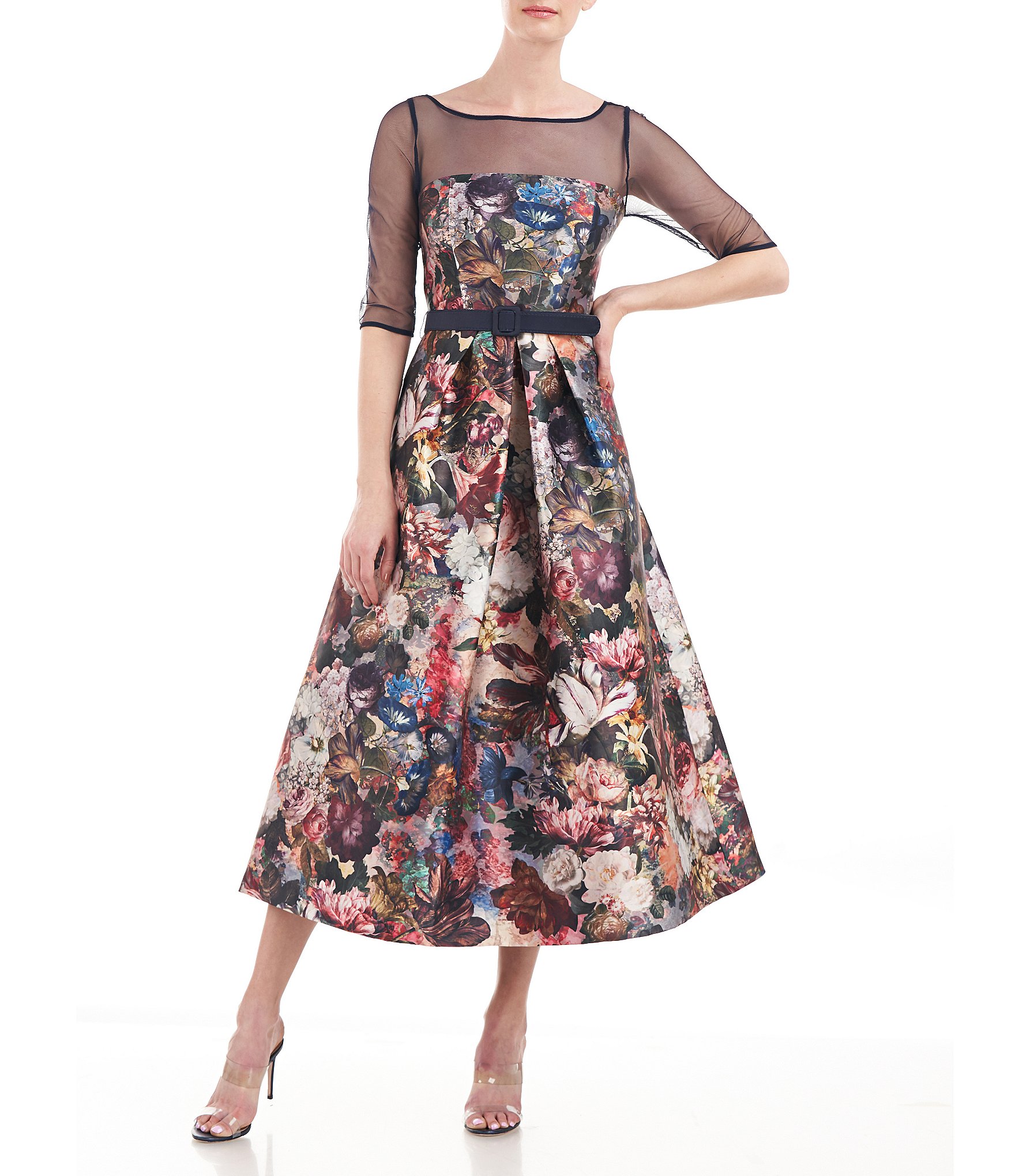Kay Unger Metallic Floral Print Sleeveless Fit and Flare Tea Length Dress
