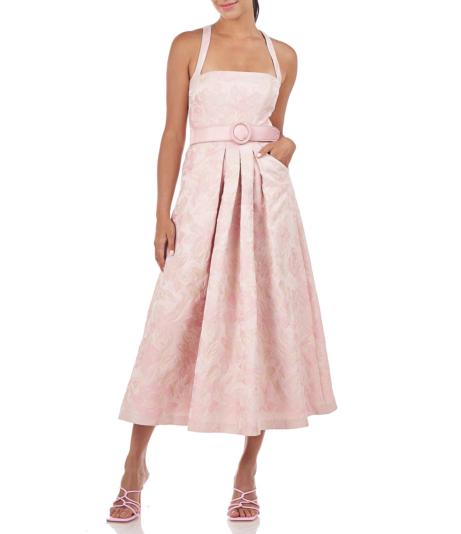 Kay Unger Jacquard Halter Neck Sleeveless Pleated A-Line Midi Dress |  Dillard's