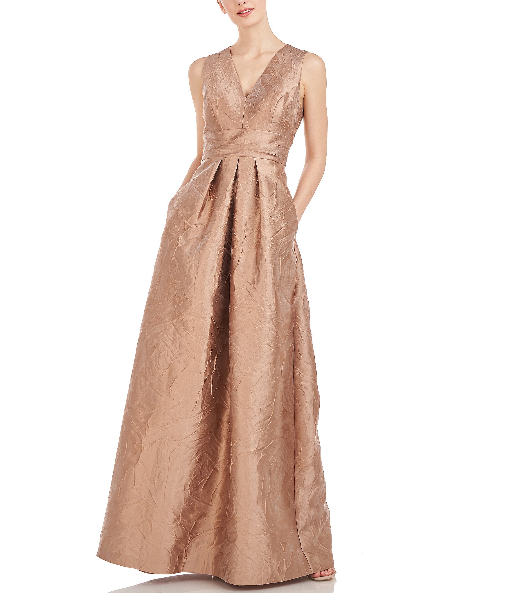 Kay Unger Jacquard V-Neck Sleeveless Pleated Gown | Dillard's