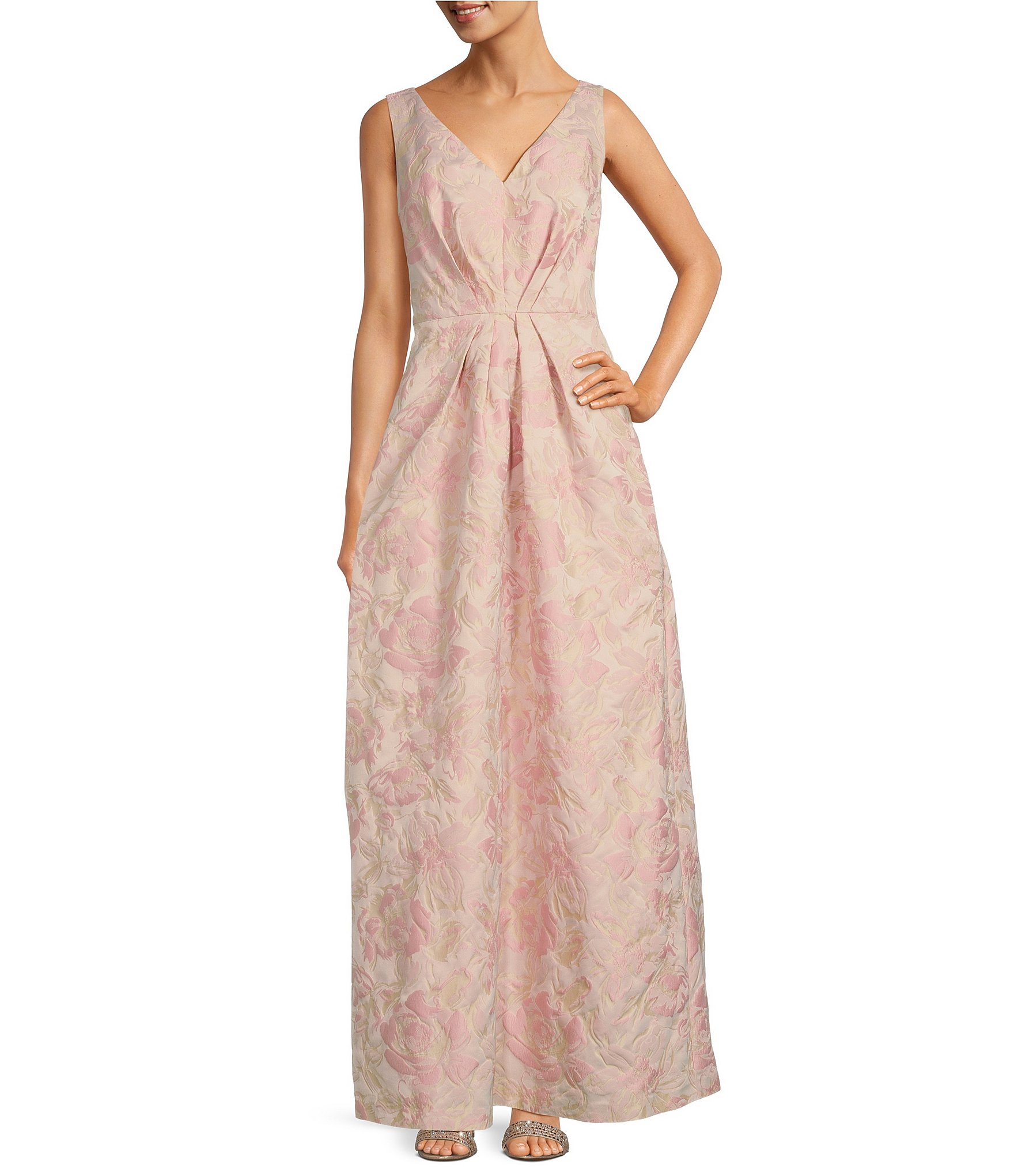 Kay Unger Jacquard V-Neckline Sleeveless Pleated Bodice Gown | Dillard's