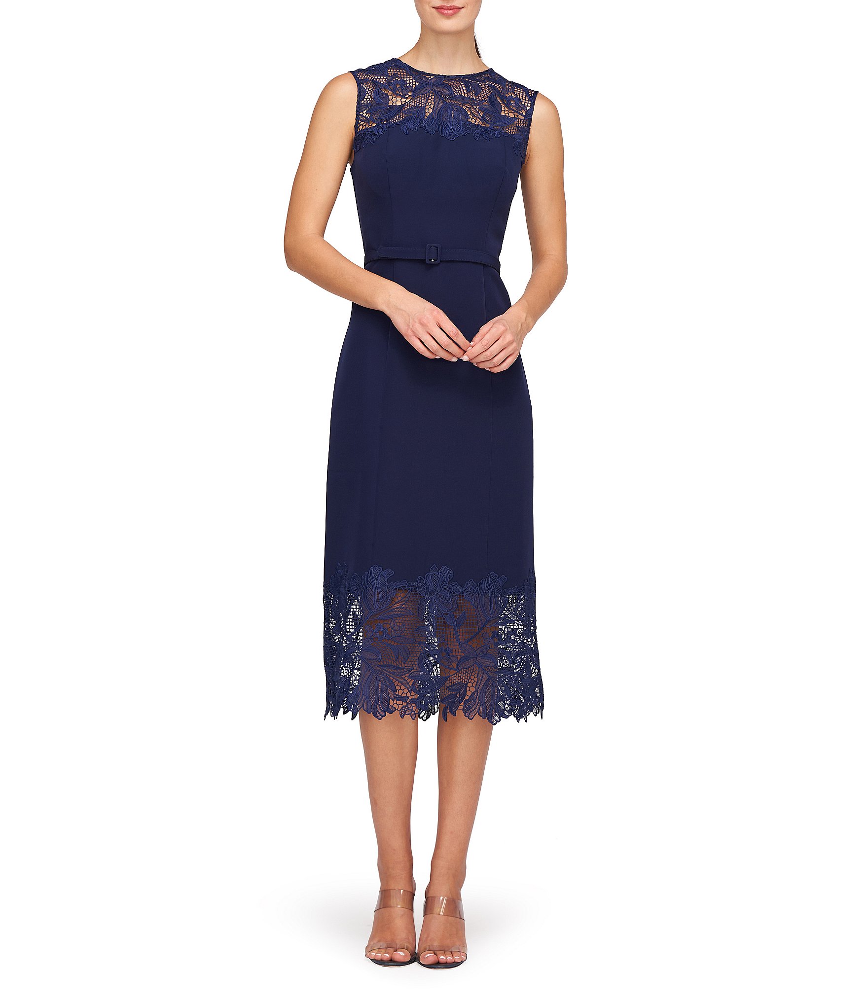 Kay Unger Lace Crew Neck Sleeveless V-Back Belted Midi Dress | Dillard's