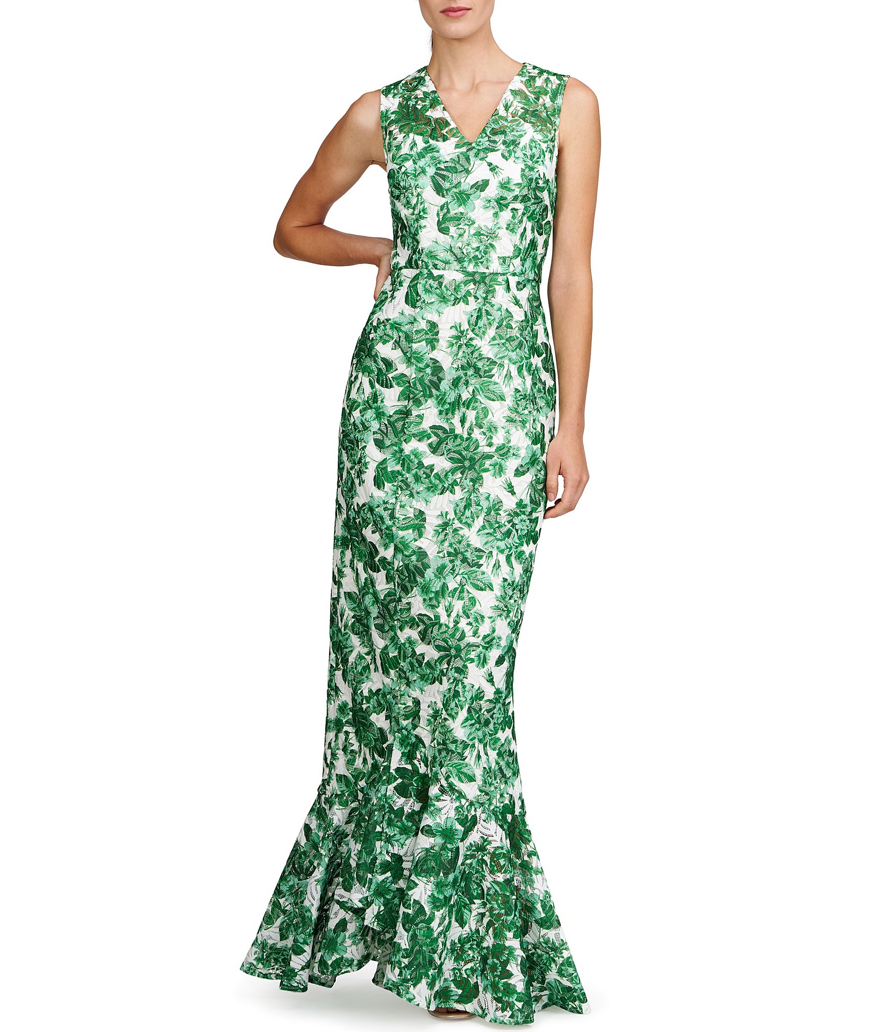 Kay Unger Lace Floral Print V-Neck Sleeveless Mermaid Gown