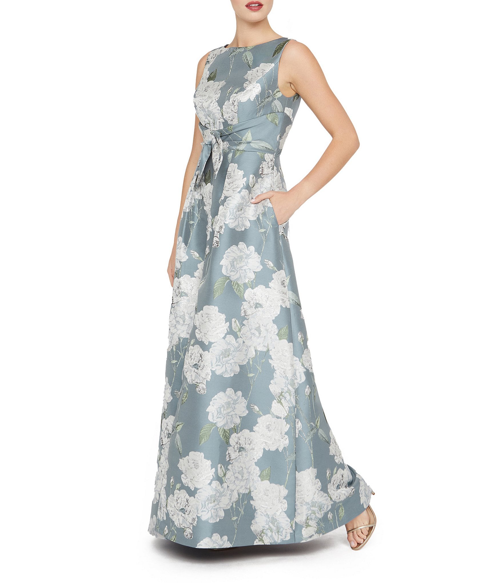 Kay Unger Lilianna Floral Print Front Knot Sleeveless Jacquard A Line Gown
