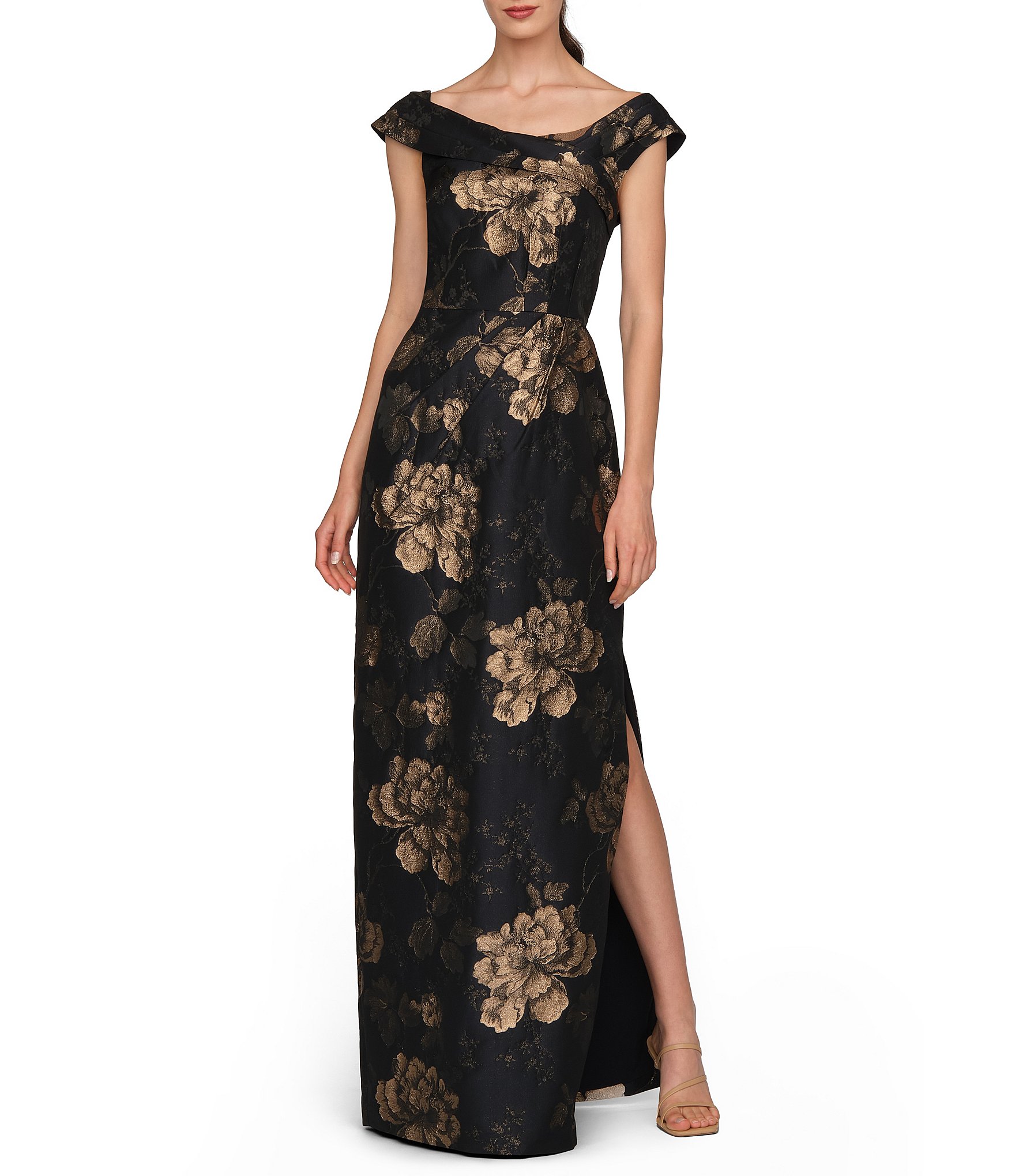 Kay Unger Metallic Floral Jacquard Sheath Long Dress