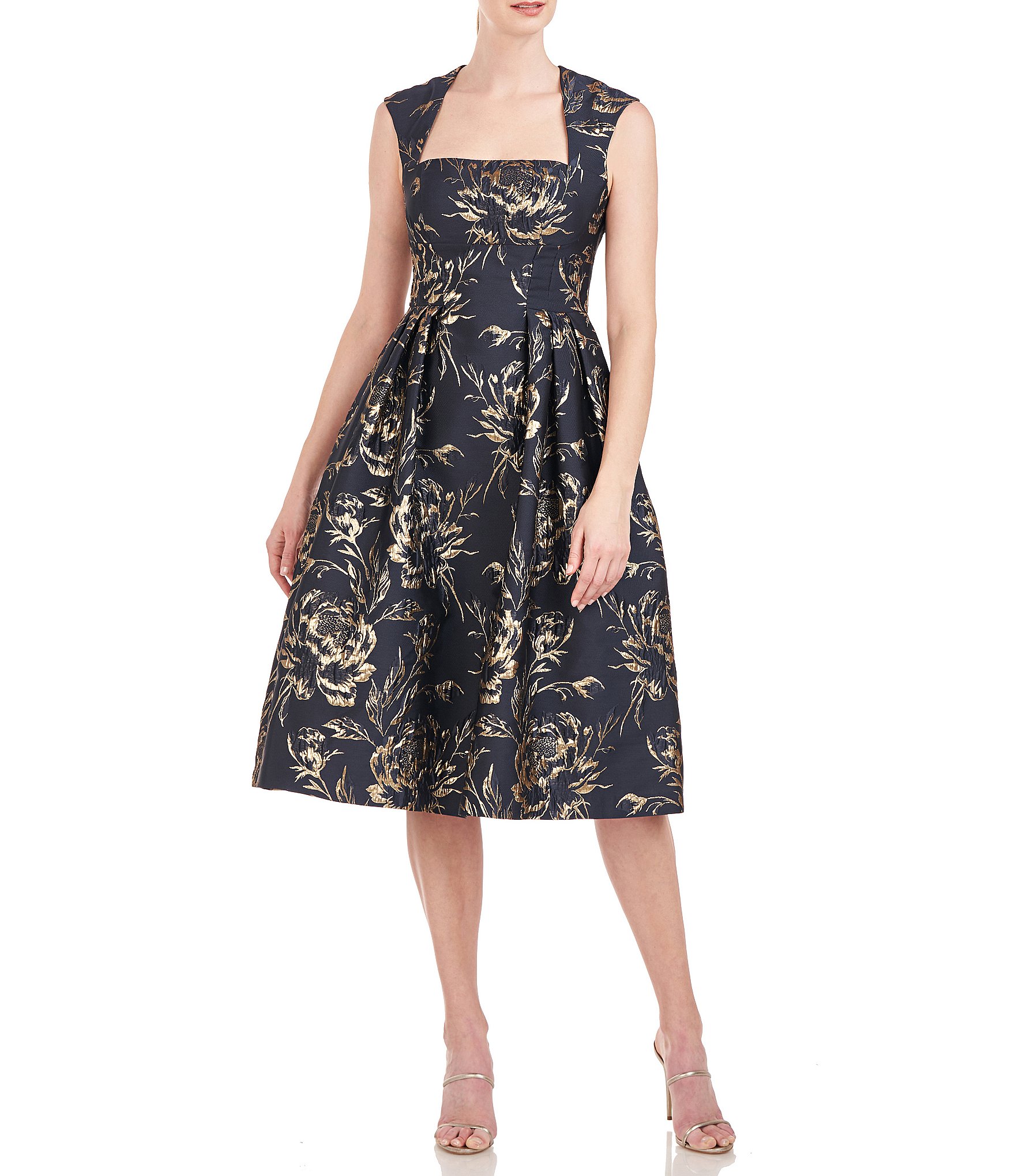 Kay Unger Metallic Floral Jacquard Square Neck Sleeveless Pleated A ...