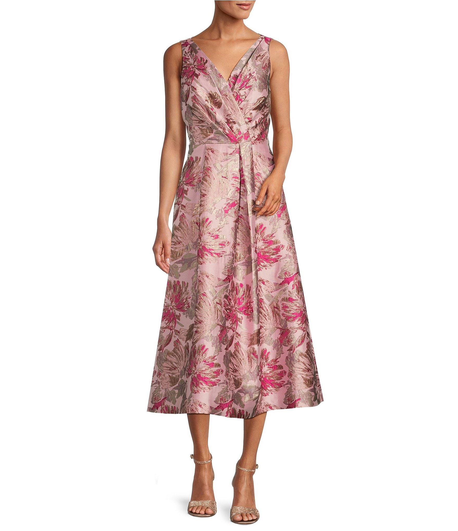 Kay Unger Metallic Floral Print Sleeveless Fit and Flare Tea