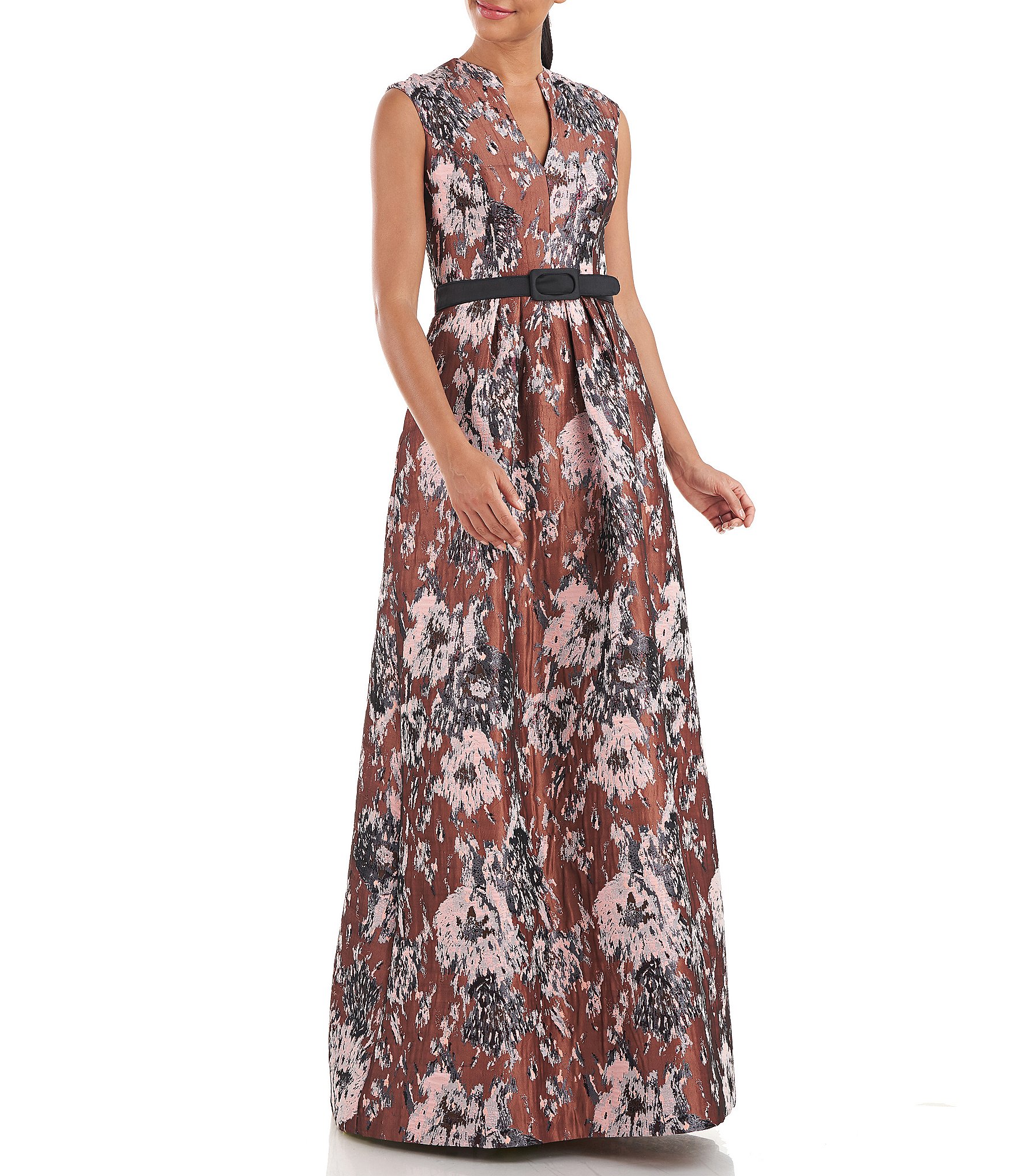 Kay Unger Metallic Floral Print Sleeveless V-Neck Belted Gown | Dillard's