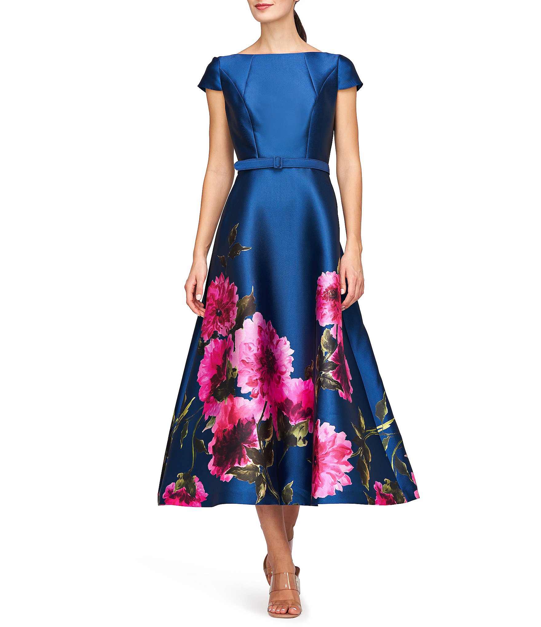 Kay Unger Mikado Peony Border Print Boat Neck Cap Sleeve Belted Midi ...