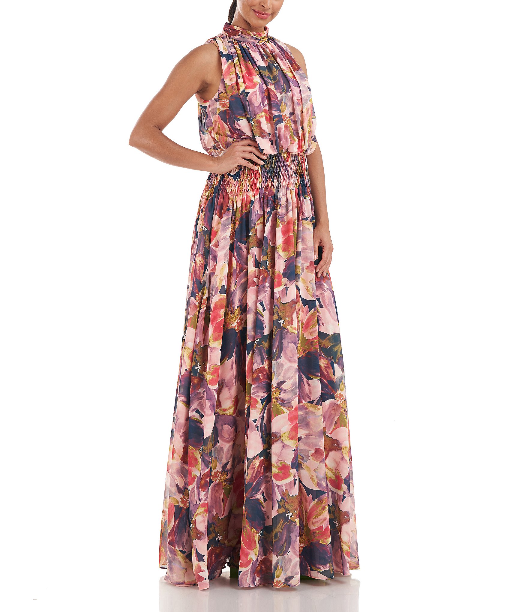 Kay Unger Sleeveless Floral Print Mock Neck Smocked Waist Pleated Gown ...