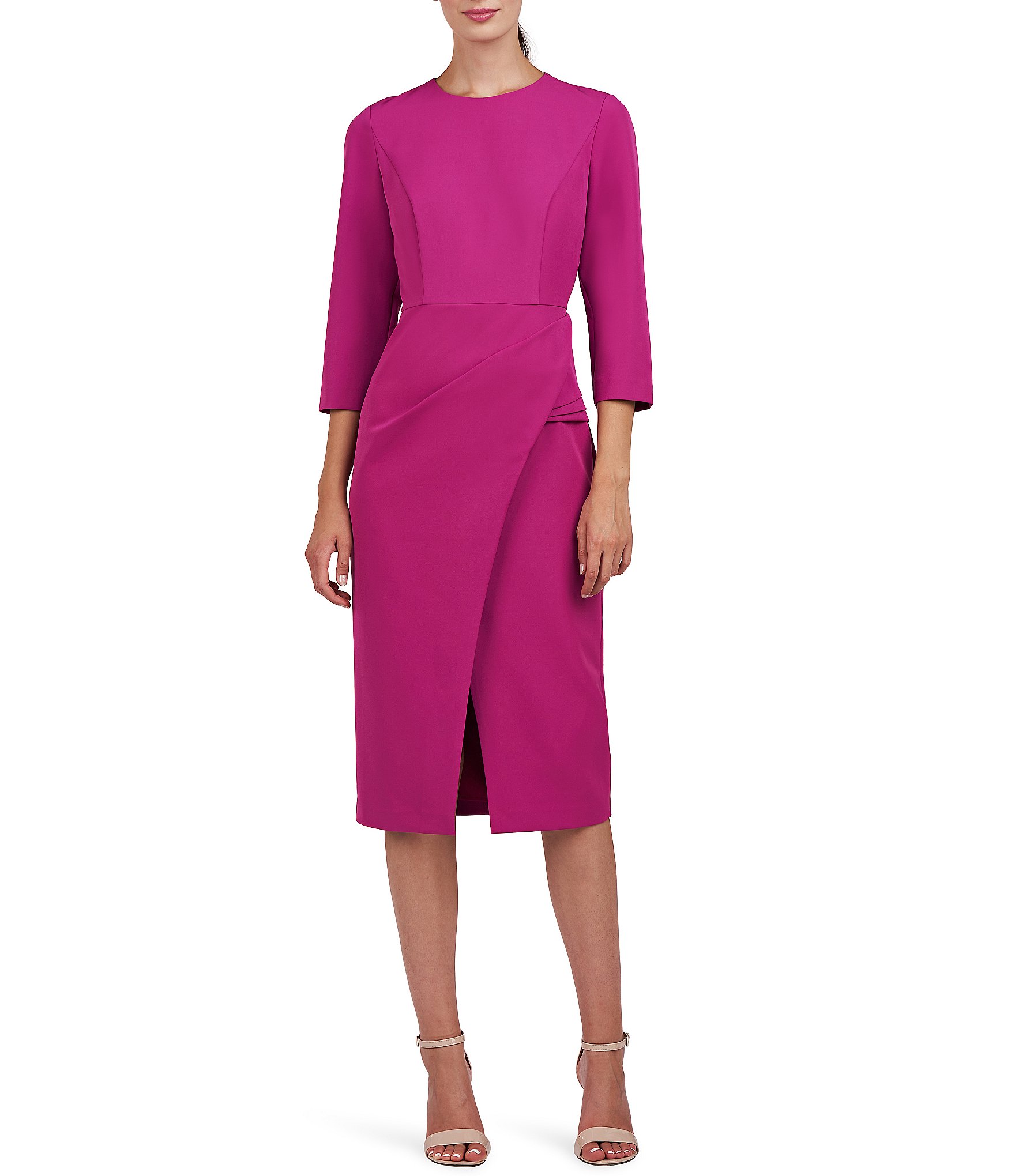 Kay Unger Stretch Crepe Crew Neck 3/4 Sleeve Draped Waist Front Slit Knee Length Sheath Dress