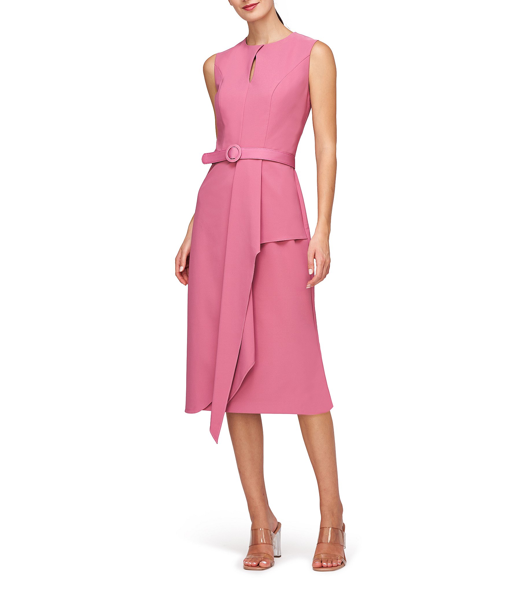 Kay Unger Stretch Crepe Keyhole Neck Sleeveless Drape Ruffle Side Slit Belted Dress