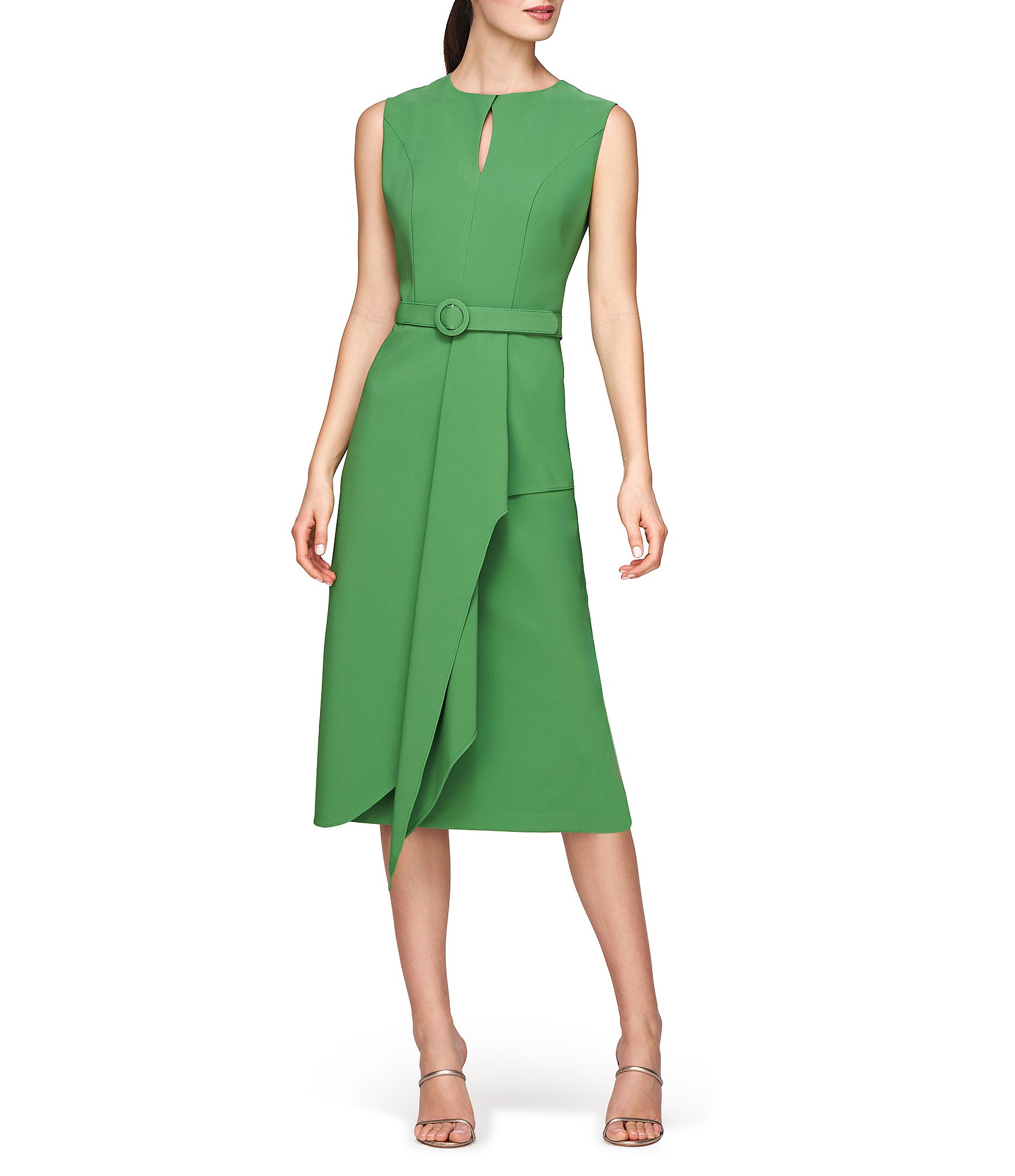 Kay Unger Stretch Crepe Keyhole Neck Sleeveless Drape Ruffle Side Slit Belted Dress