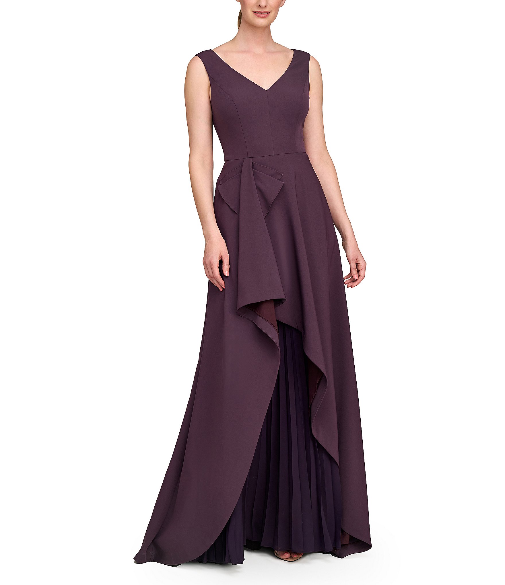 Kay Unger Stretch Crepe V-Neck Sleeveless Ruffle Flared