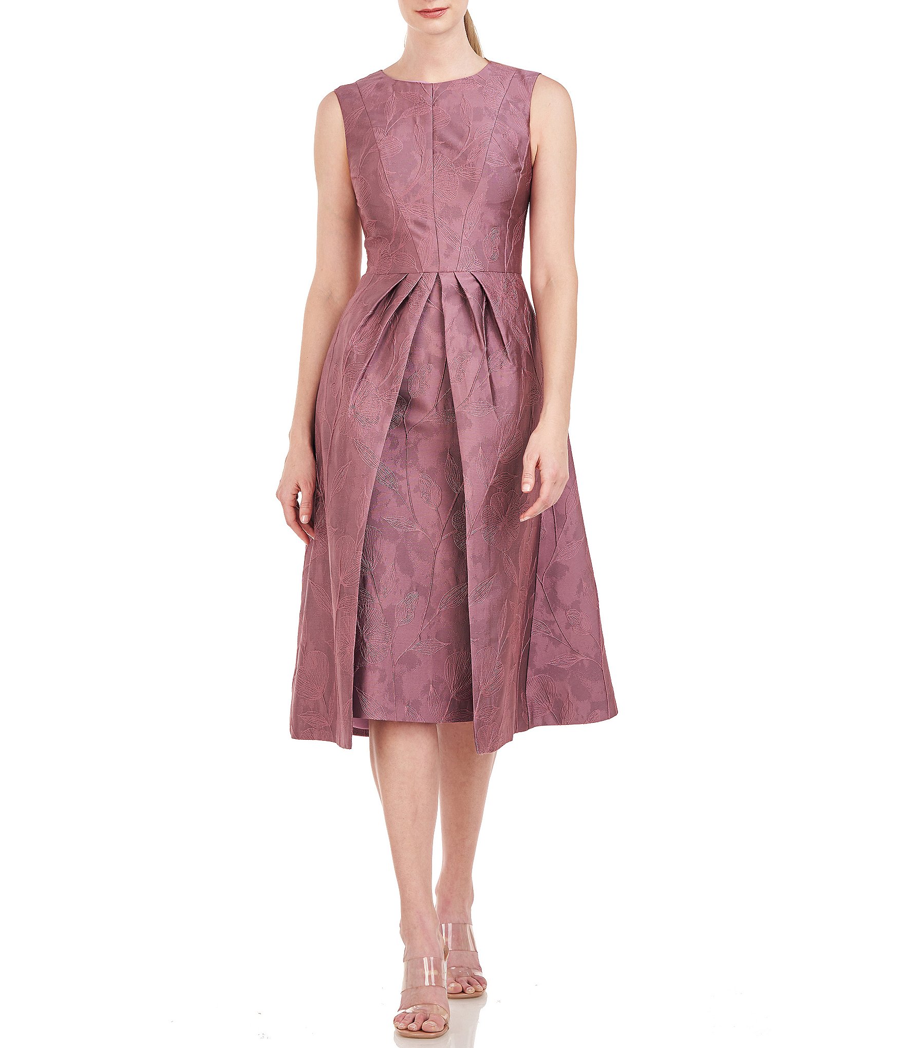 Kay Unger Stretch Jacquard Sleeveless Pleated Skirt Overlay Fit and ...