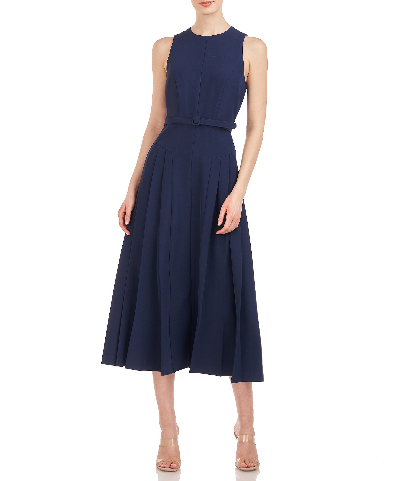 Kay Unger Stretch Jewel Neck Sleeveless Belted Pleated Skirt A-Line ...