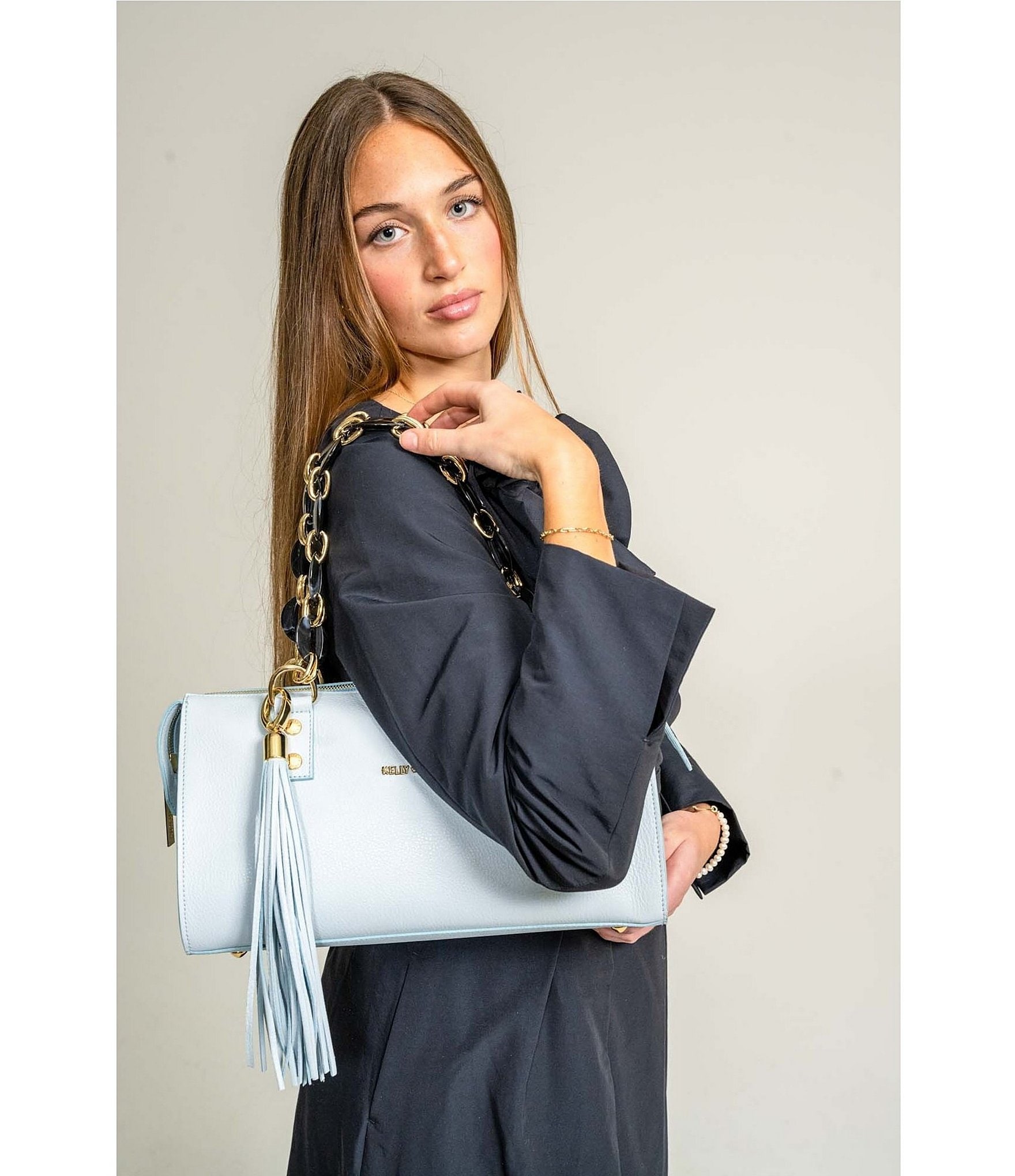 Kelly-Tooke Medium Soho Chain Sky Blue Pebbled Calfskin Leather Satchel Bag