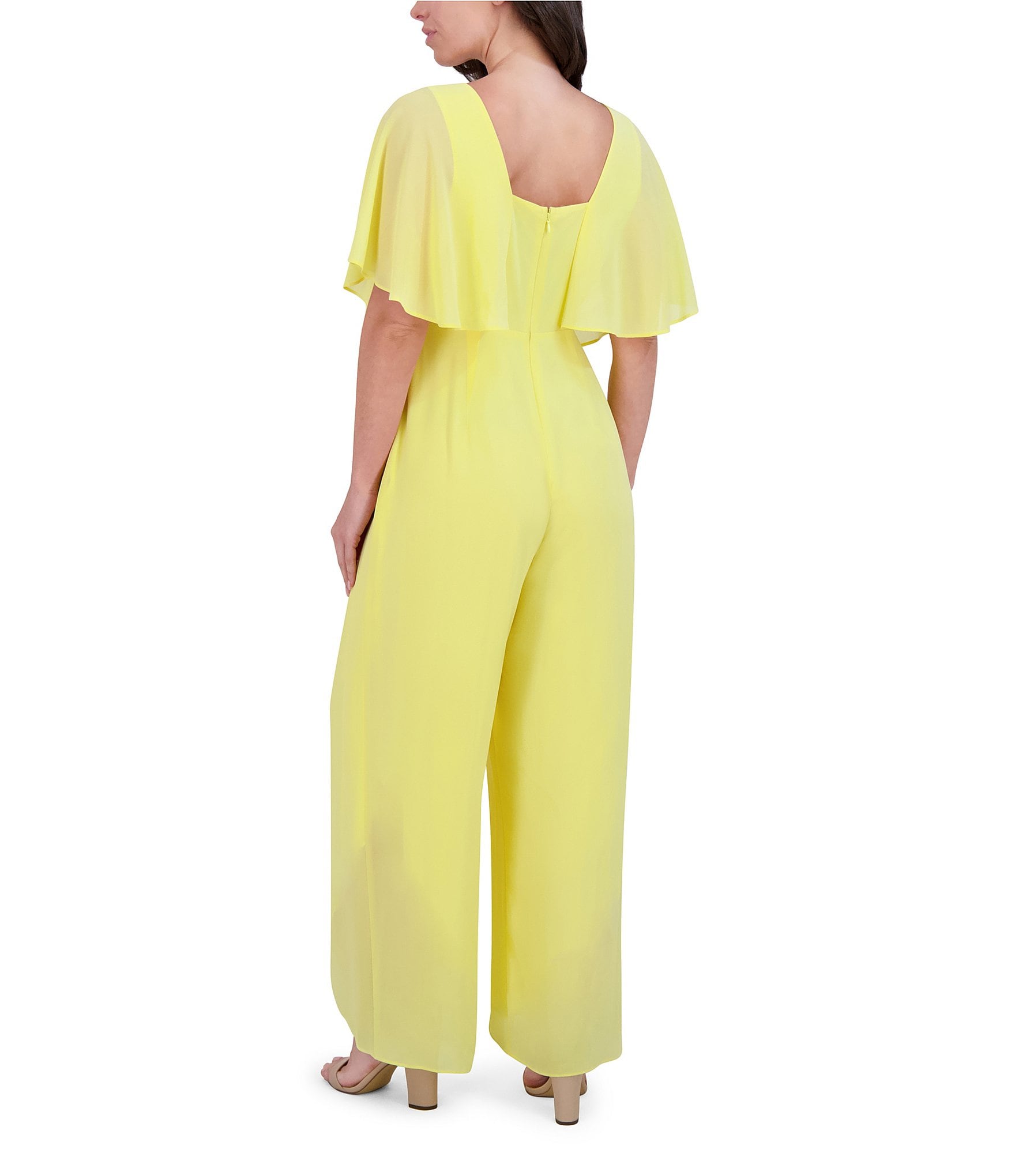 Kensie Chiffon Surplice V-Neck Short Flutter Sleeve Ruffle Overlay Wide Leg Jumpsuit