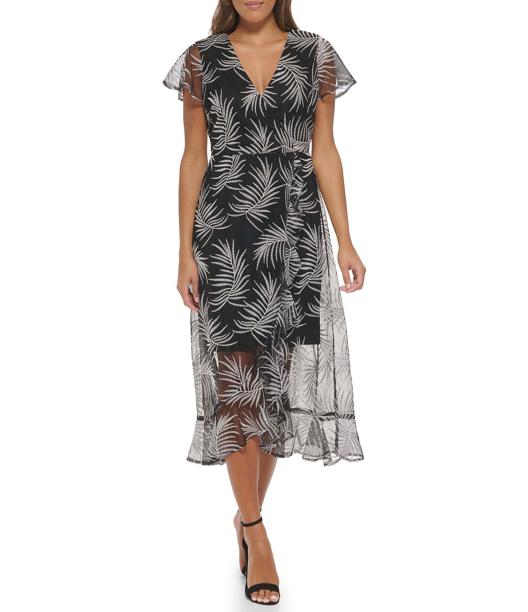 Kensie Embroidered Surplice V-Neck Short Sleeve Faux Wrap Dress | Dillard's