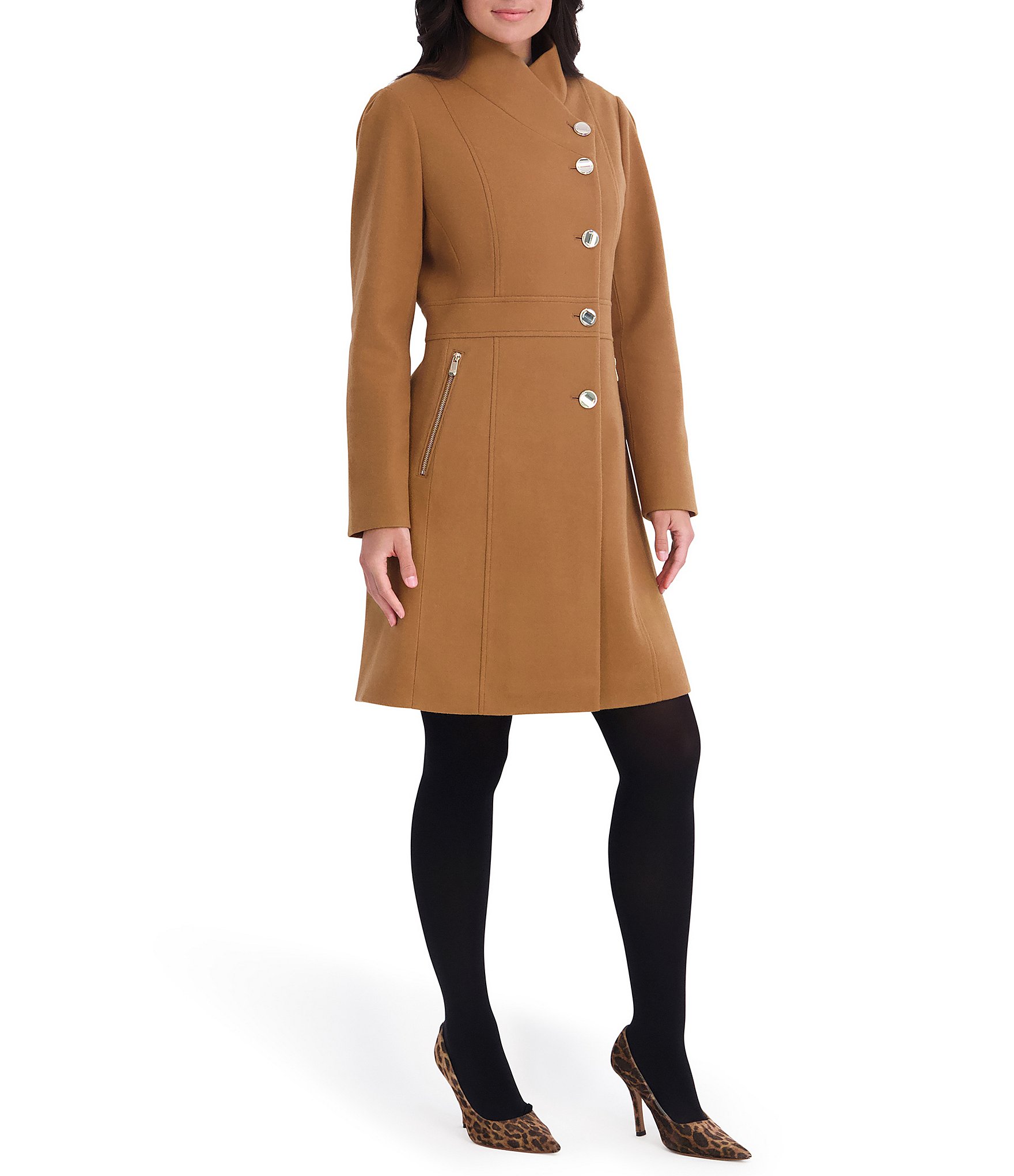 Kensie Faux Wool Structured Stand Collar Neck Asymmetrical Button Front Walker