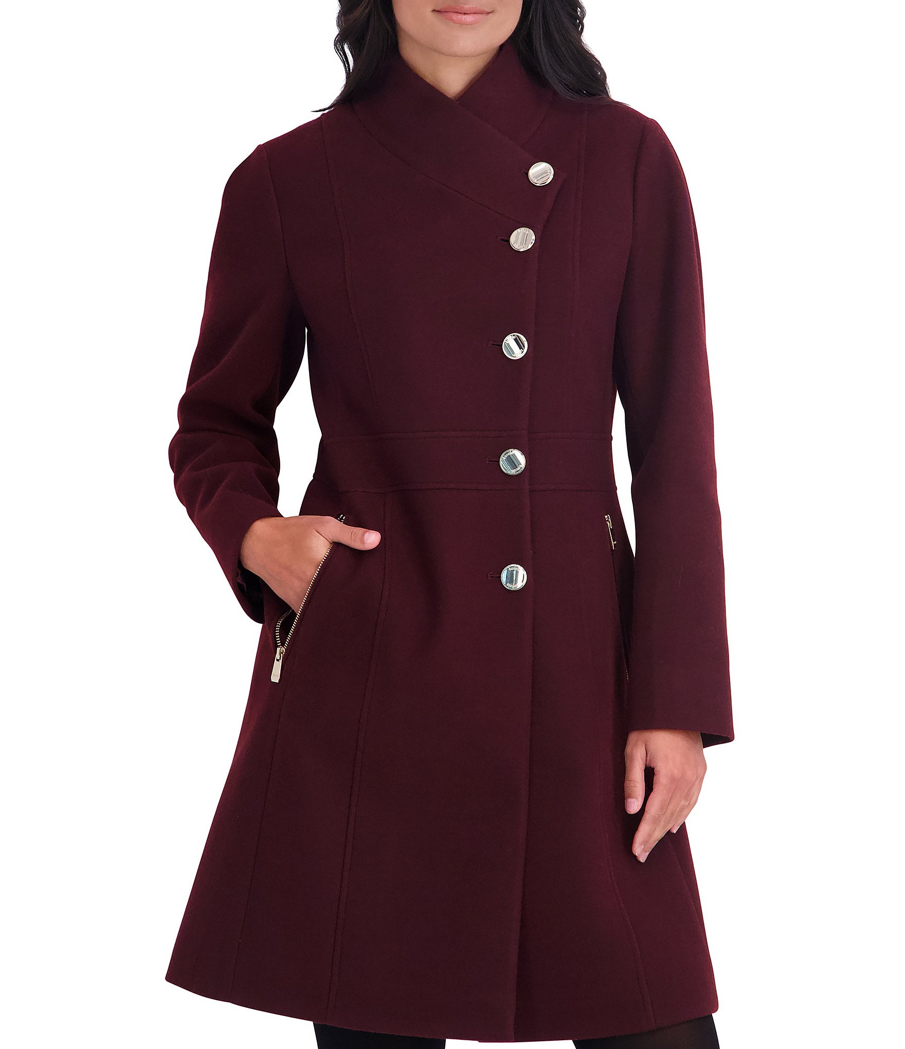 Kensie Faux Wool Structured Stand Collar Neck Asymmetrical Button Front Walker