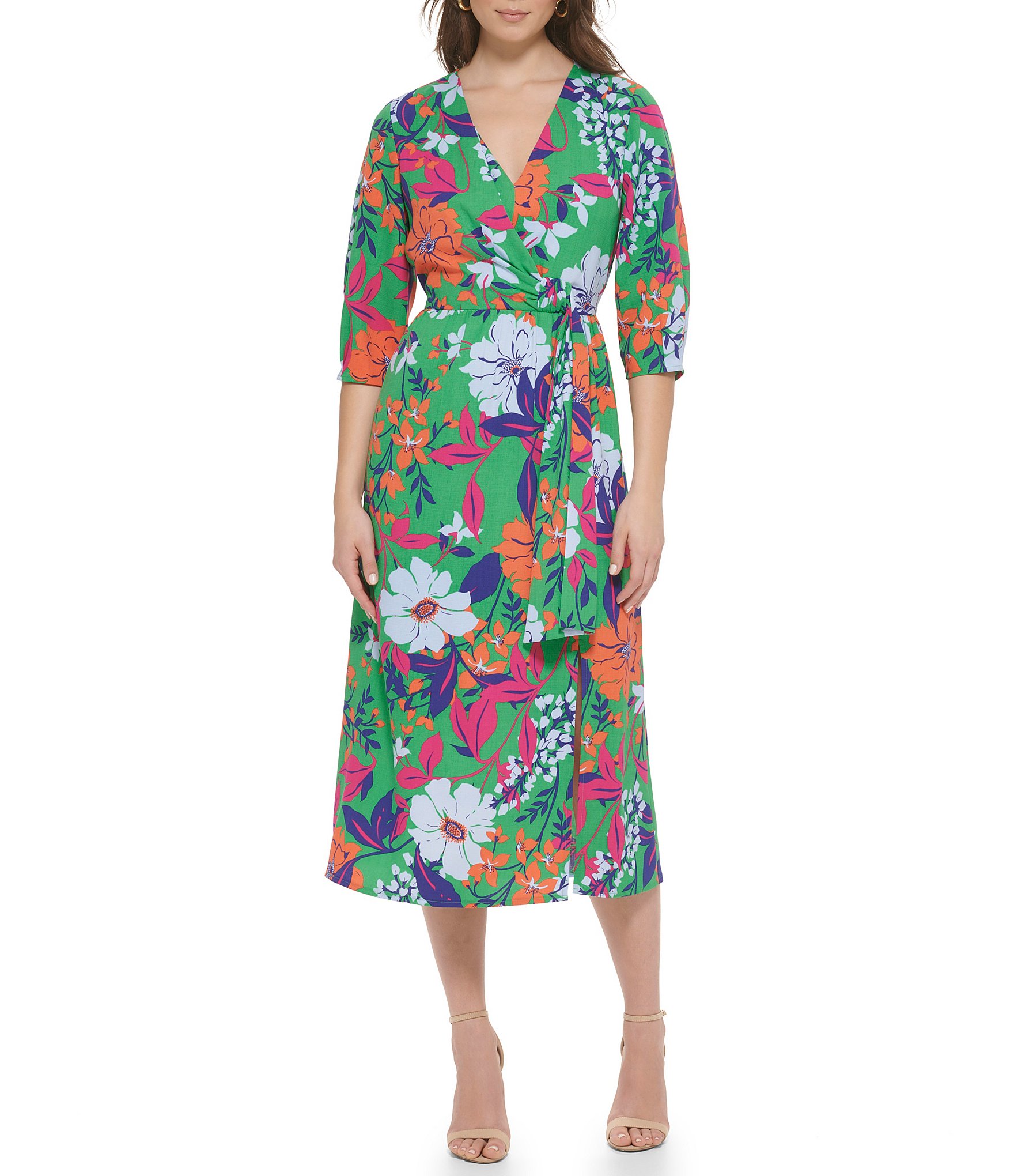 Kensie Floral Print 3/4 Sleeve Faux Wrap Midi Dress | Dillard's