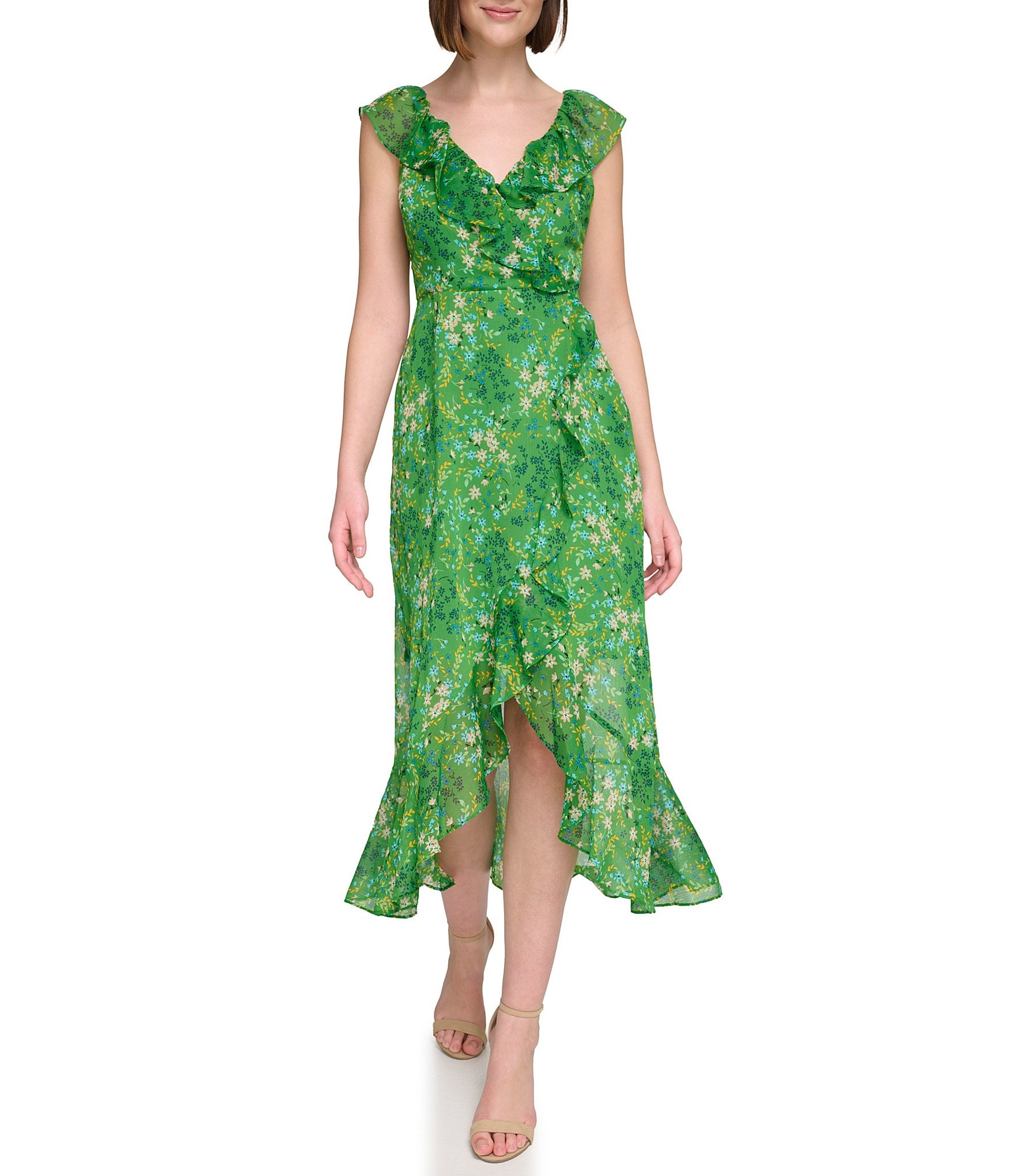 Kensie Floral Print Ruffled V-Neck Sleeveless Faux Wrap Midi Dress ...