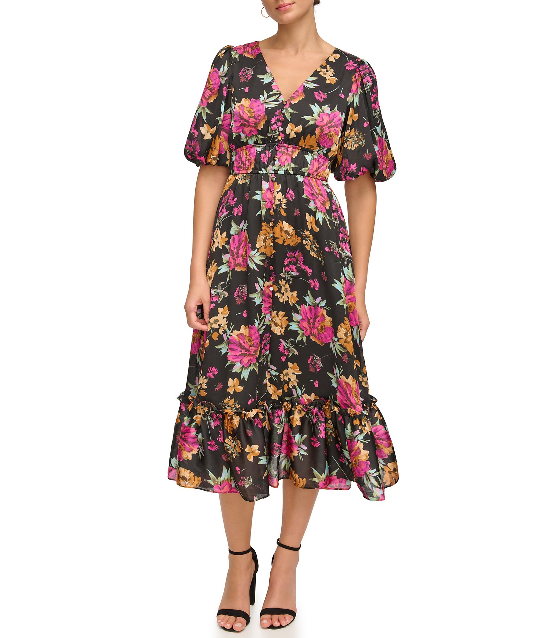 Kensie Floral Print V-Neck Short Puffed Sleeve Flounce Hem Maxi Dress |  Dillard's