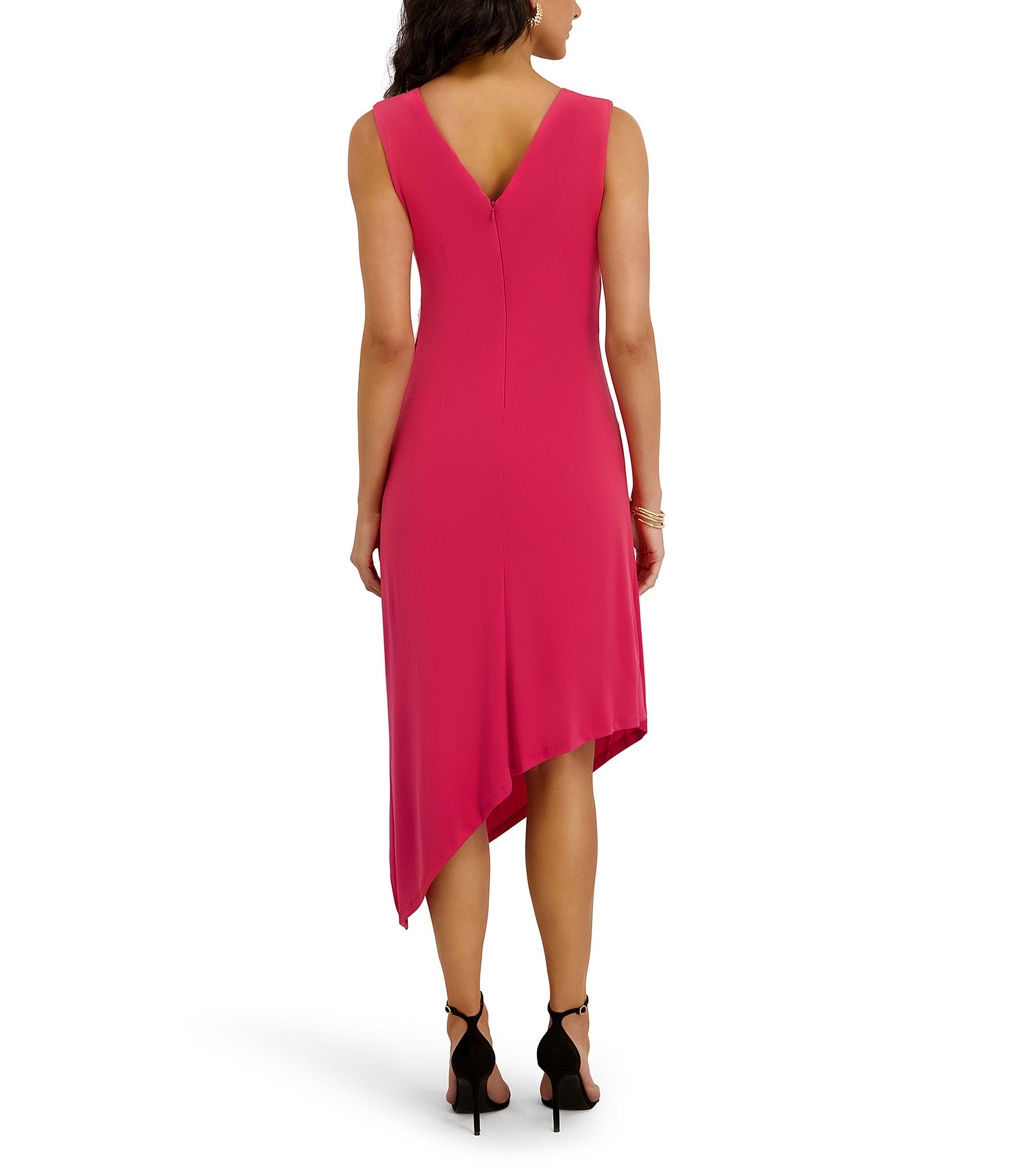 Kensie Jersey Asymmetrical V-Neck Sleeveless Side Ruffle Sheath Midi Dress