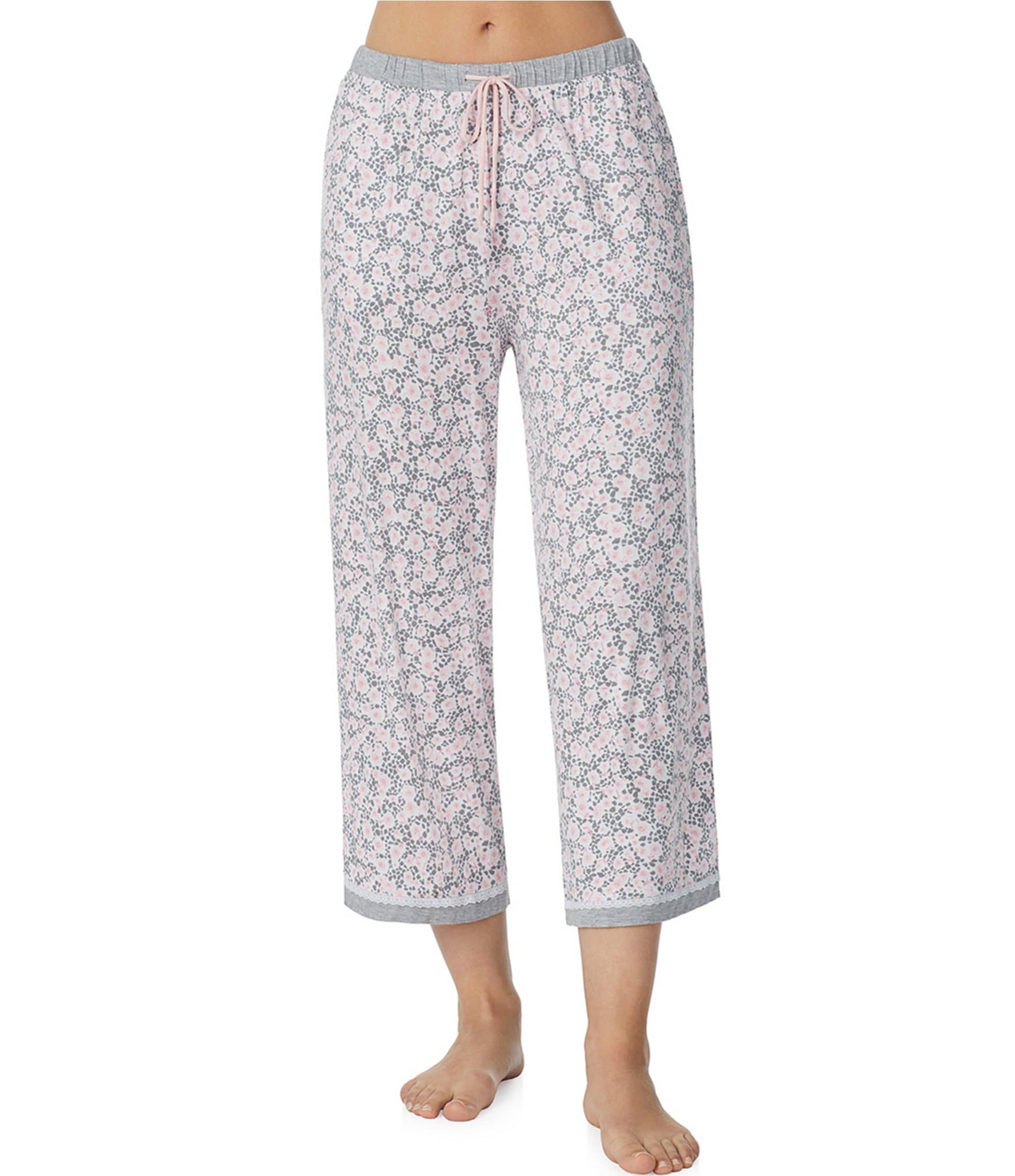 Kensie Jersey Knit Falling Petals Floral Coordinating Cropped Sleep Pants