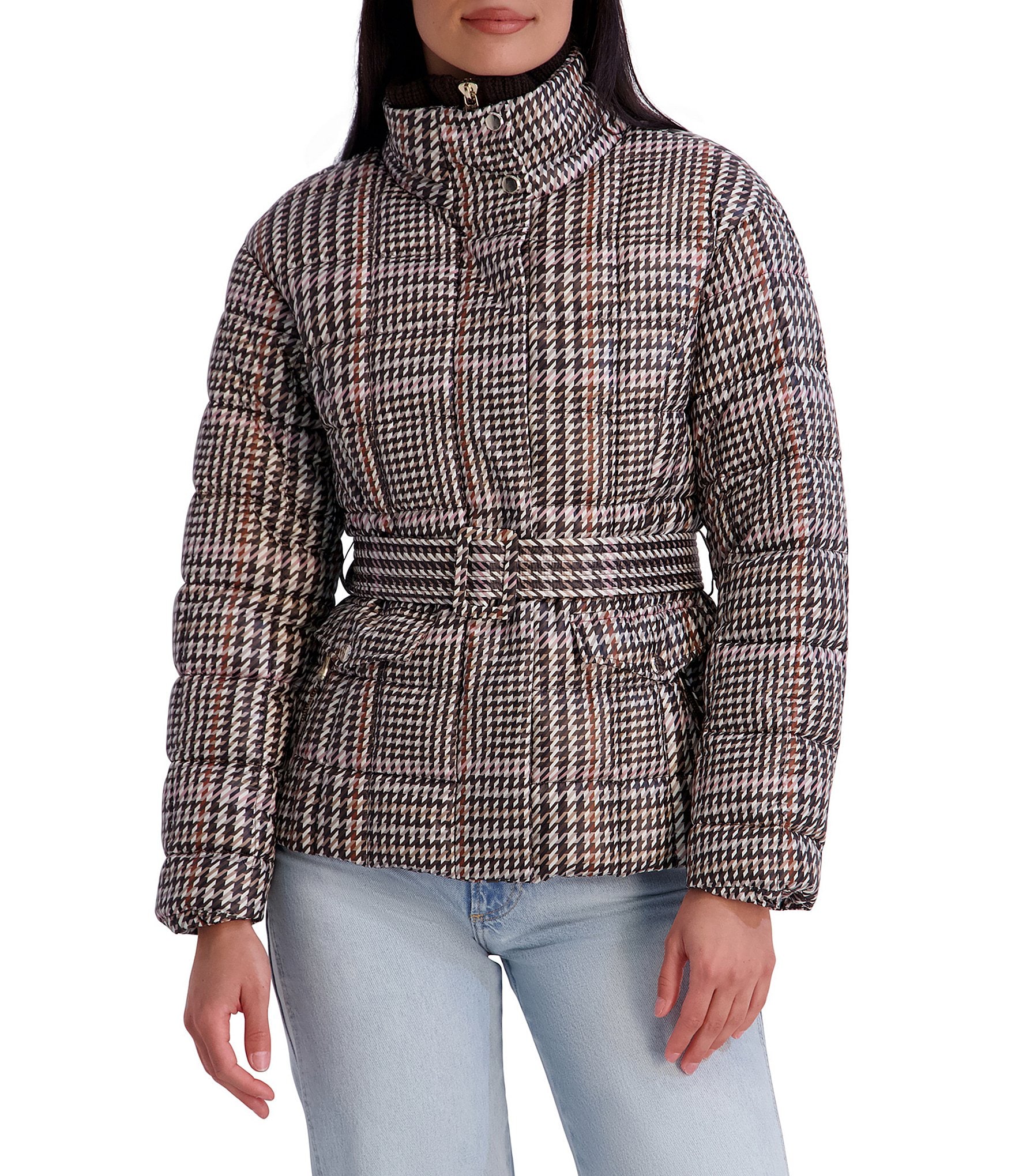 Kensie Matte Cire Belted Plaid Quilt Zip Front Puffer Jacket