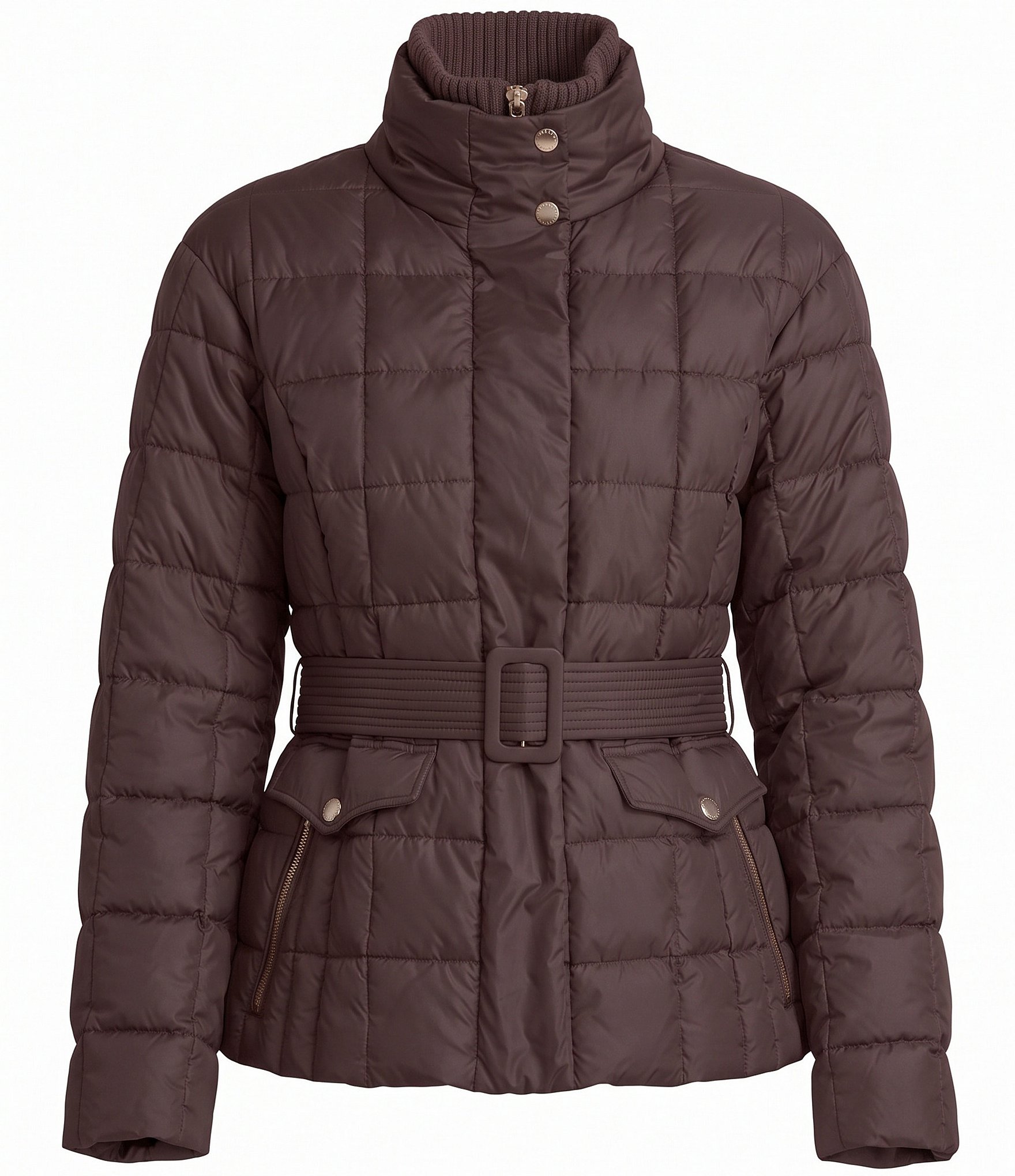 Kensie Matte Cire Belted Quilt Zip Front Puffer Jacket