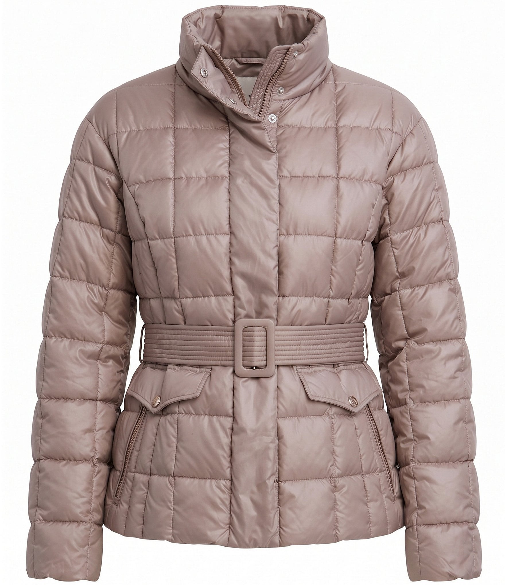 Kensie Matte Cire Belted Quilt Zip Front Puffer Jacket