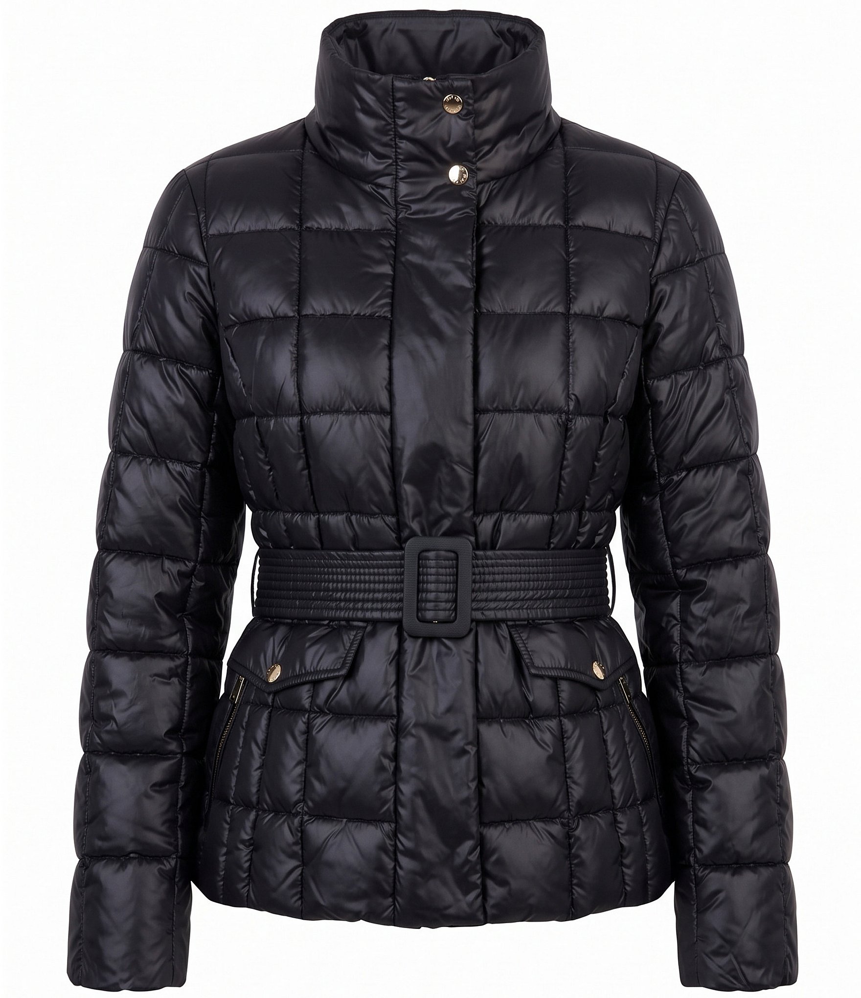 Kensie Matte Cire Belted Quilt Zip Front Puffer Jacket