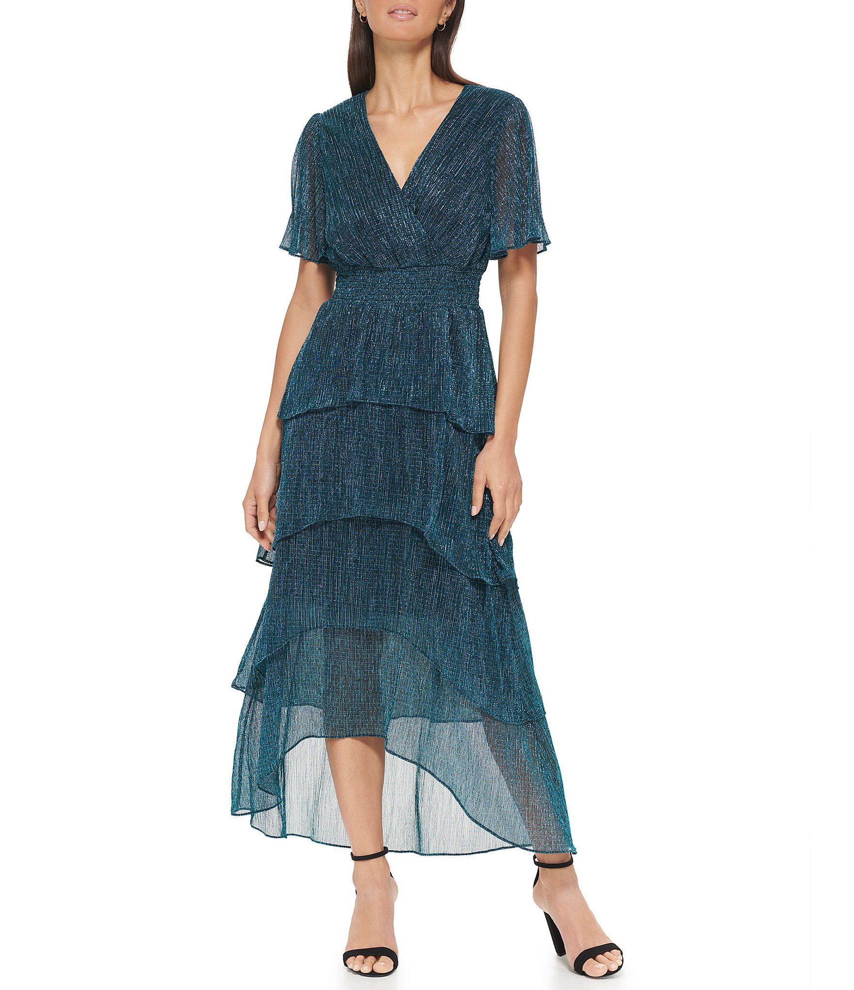 Kensie Metallic V-neck Short Flutter Sleeve Tiered High-Low Smocked Waist  Tiered Dress | Dillard's