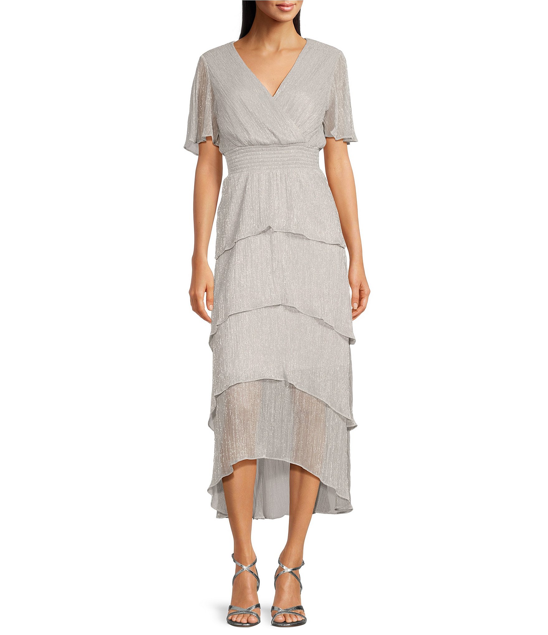 Kensie Metallic V-neck Short Flutter Sleeve Tiered High-Low Smocked Waist  Tiered Dress | Dillard's
