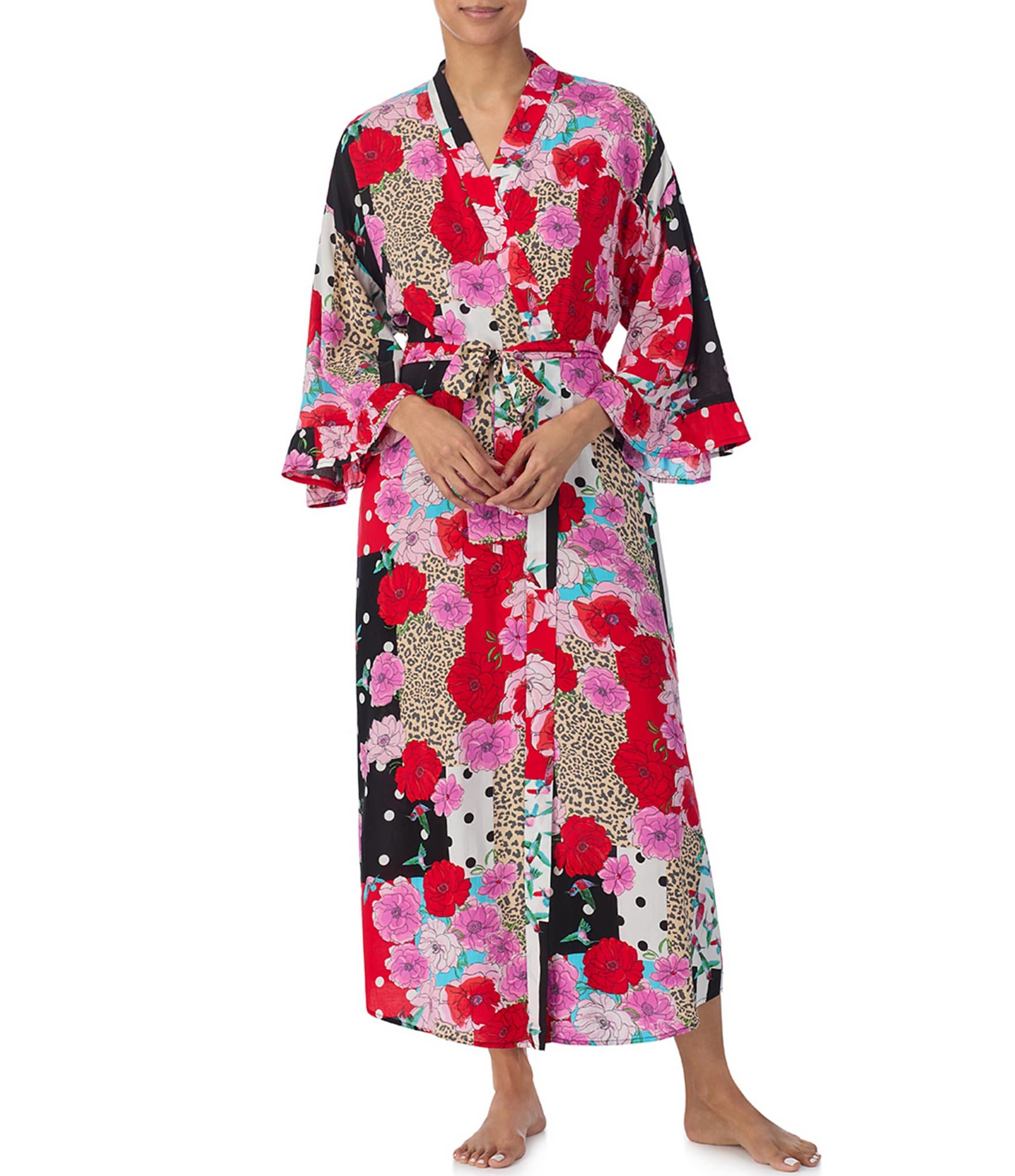 Kensie Multi Print 3/4 Sleeve Woven Maxi Kimono Long Robe | Dillard's