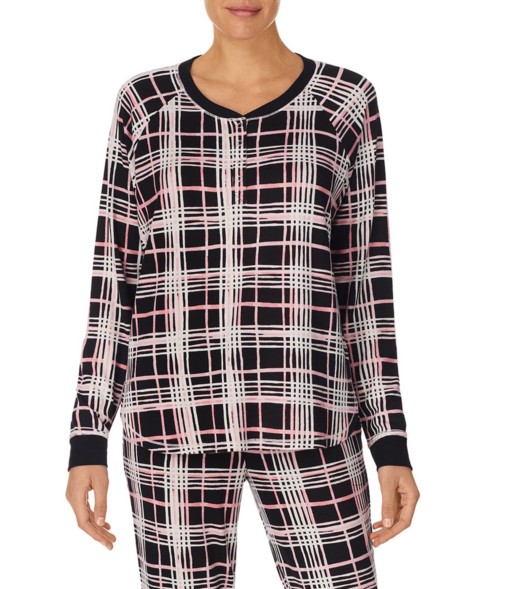 Kensie Plaid Print Cloud Jersey Knit Long Sleeve Henley Coordinating Sleep  Top