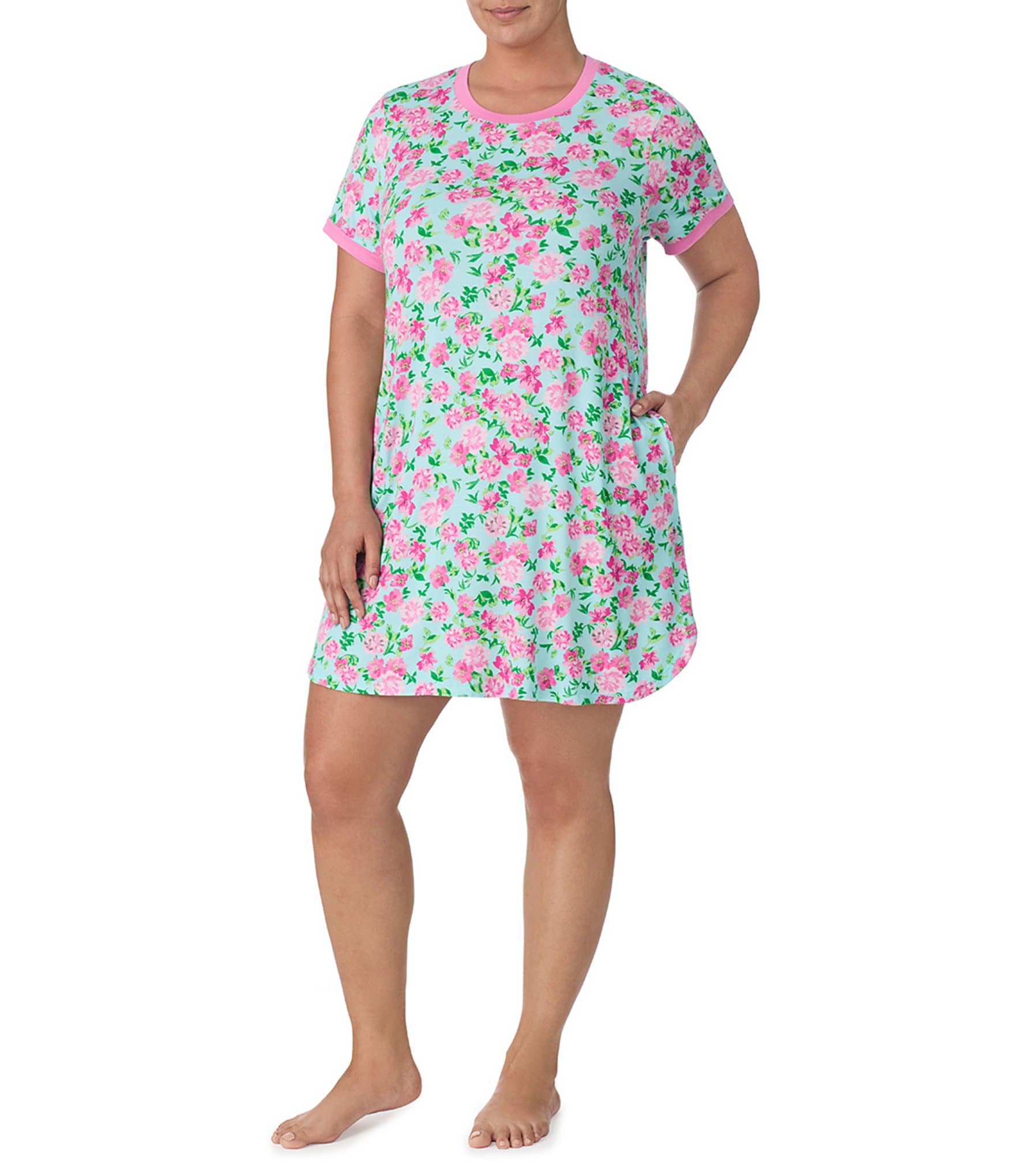 Kensie Plus Size Floral Print Short Sleeve Cozy Knit Nightgown