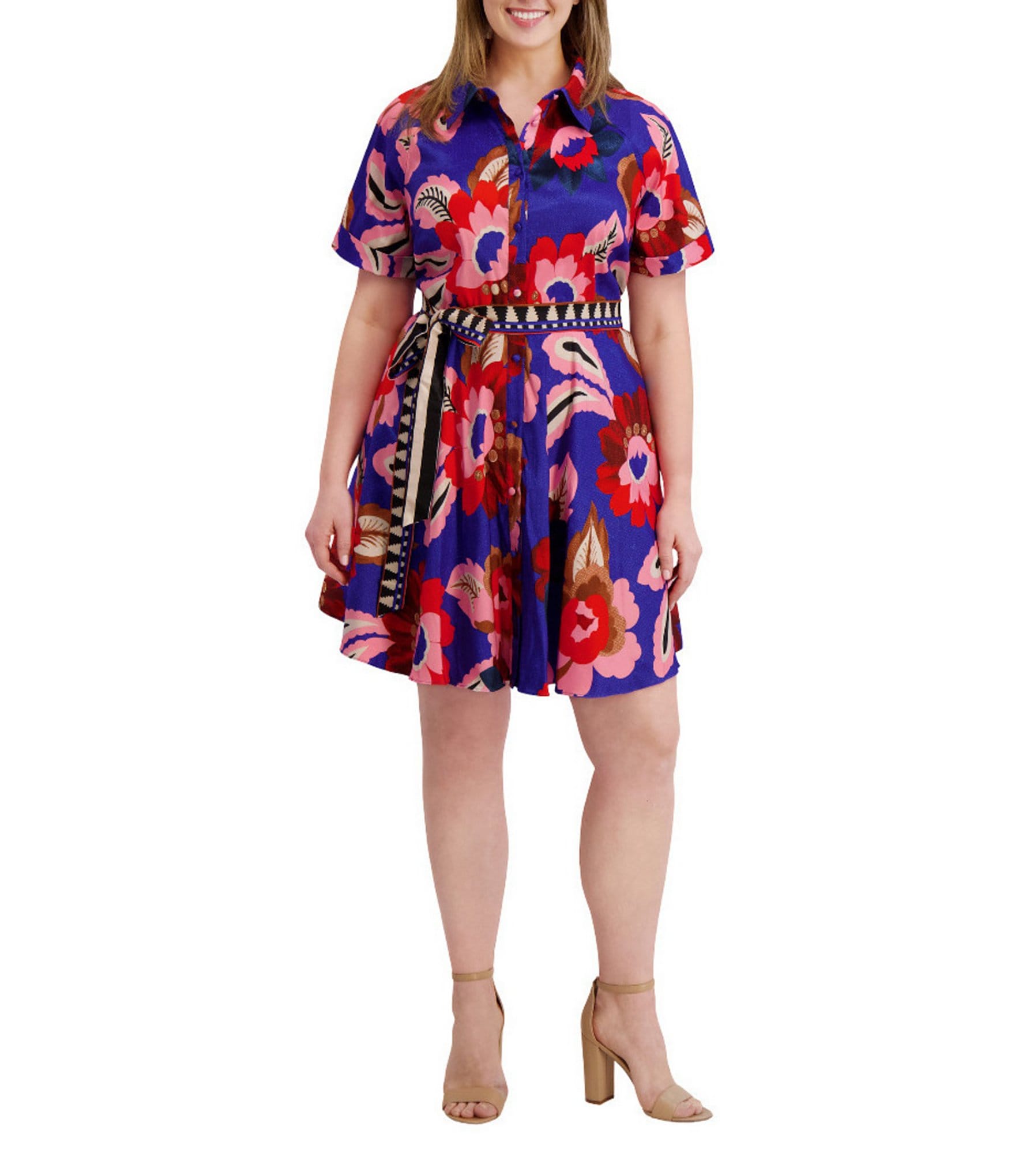 Kensie Plus Size Floral Print Textured Stretch Taffeta Shirt Dress