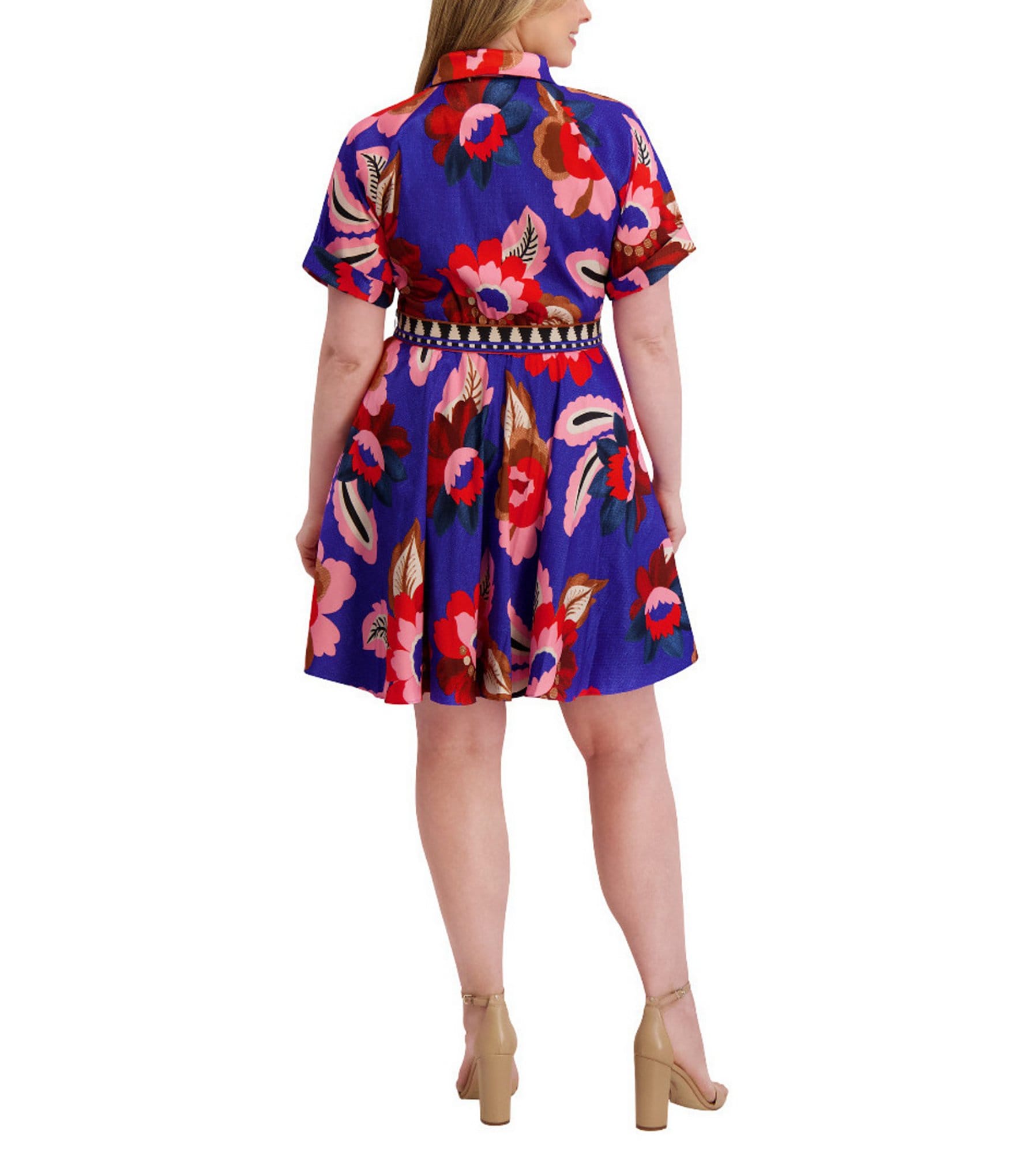 Kensie Plus Size Floral Print Textured Stretch Taffeta Shirt Dress