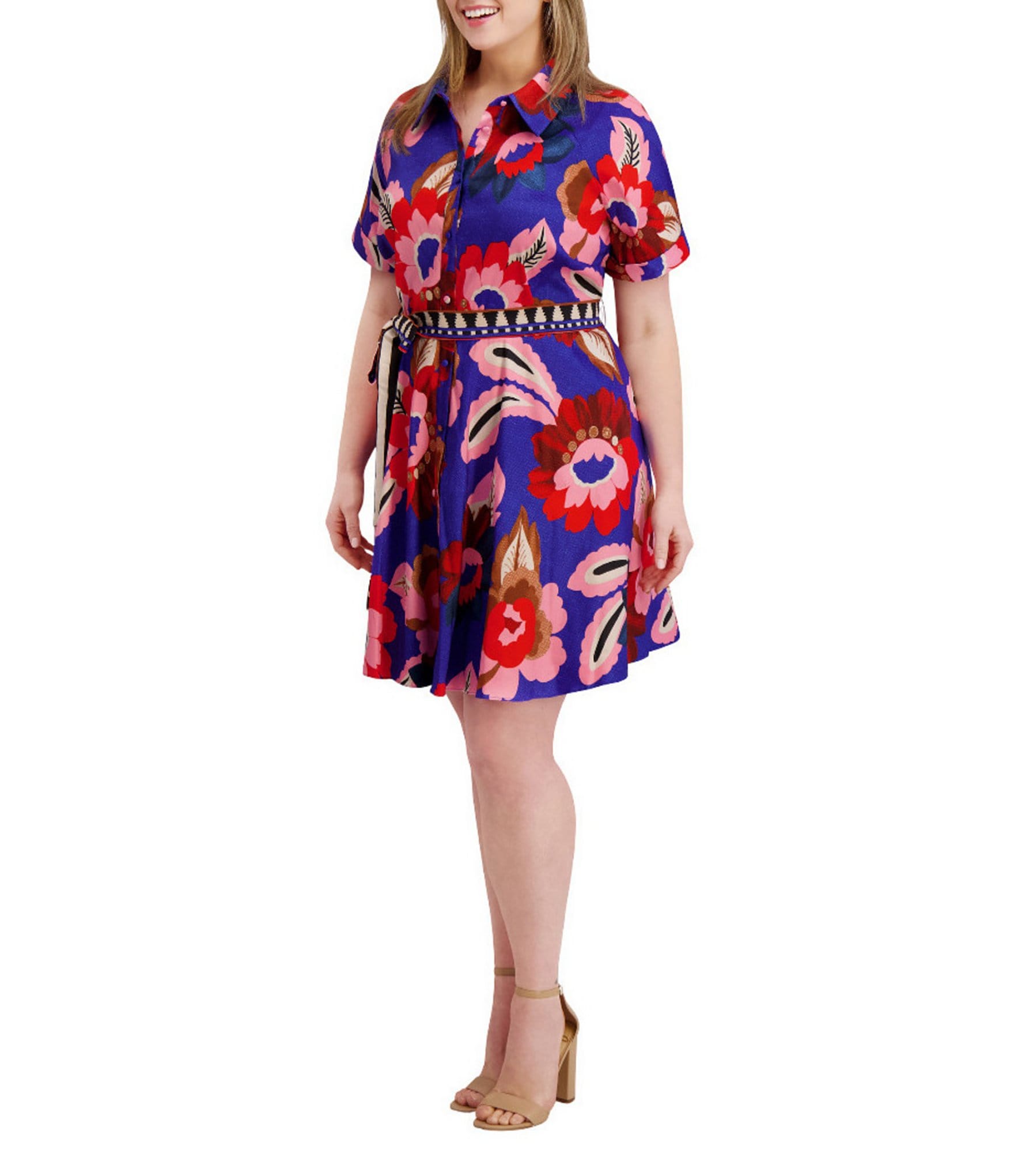 Kensie Plus Size Floral Print Textured Stretch Taffeta Shirt Dress