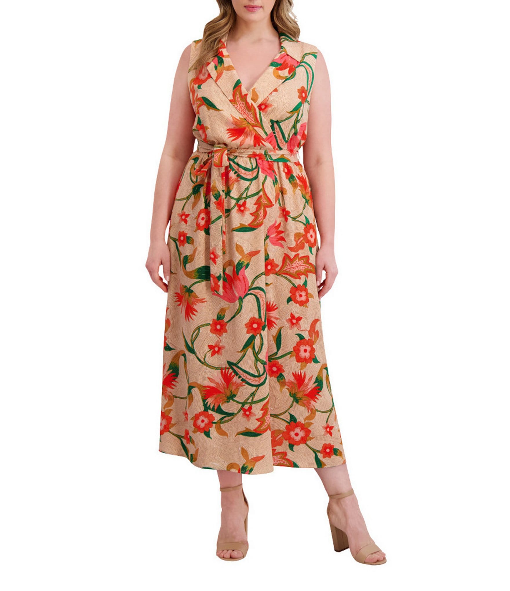 Kensie Plus Size Floral Print Belted Textured Woven Dress