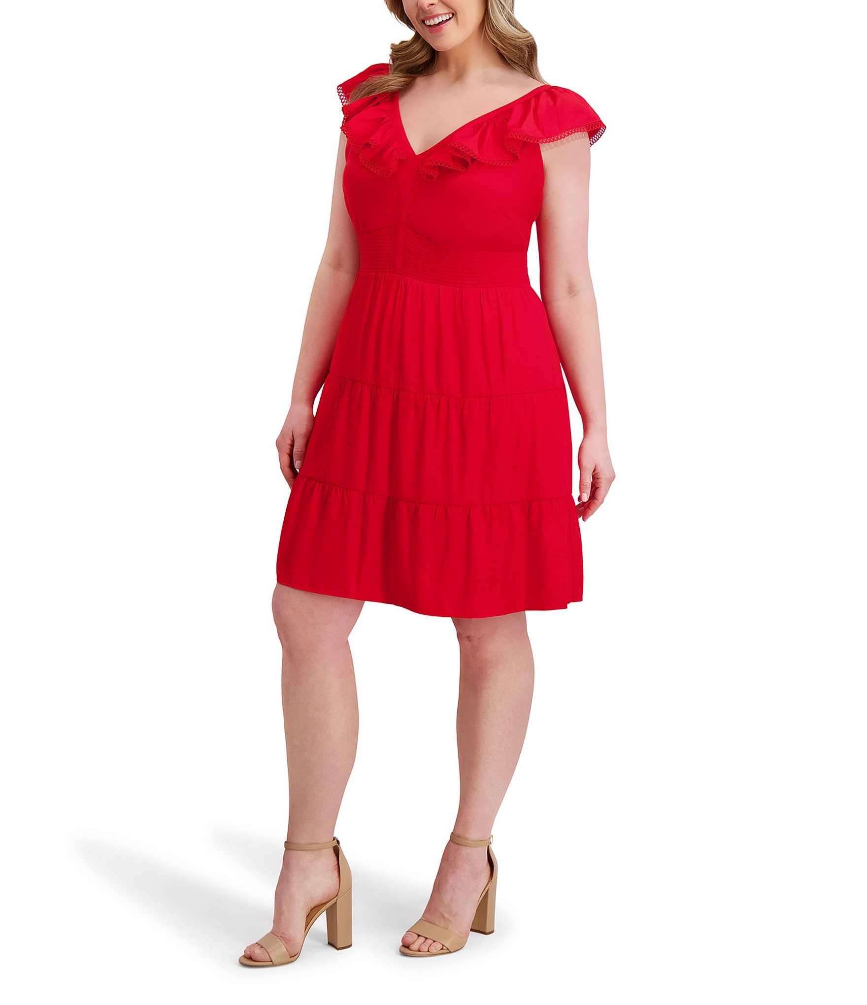 Kensie Plus Size Ruffle Neck Short Sleeve Dress