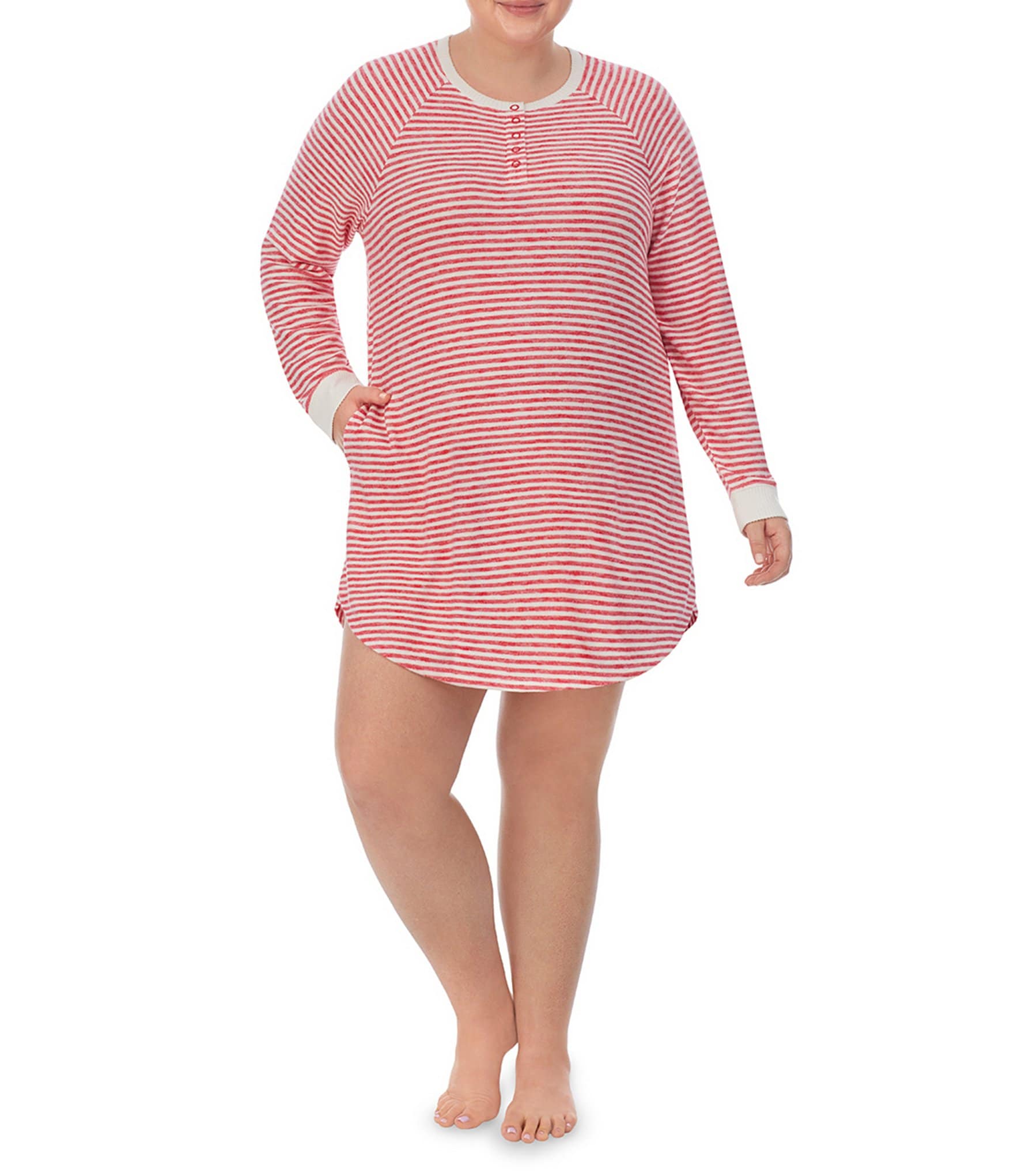 Kensie Plus Size Soft Striped Print Marshmallow Jersey Long Sleeve Jewel  Neck Henley Nightshirt