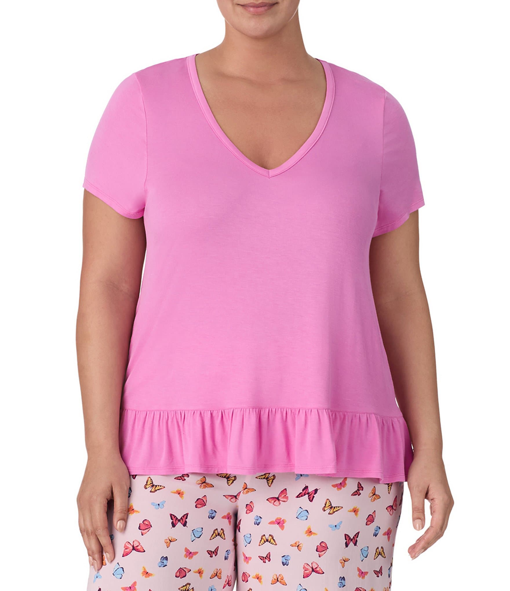 Kensie Plus Size Solid Short Sleeve V-Neck Sleep Top | Dillard's