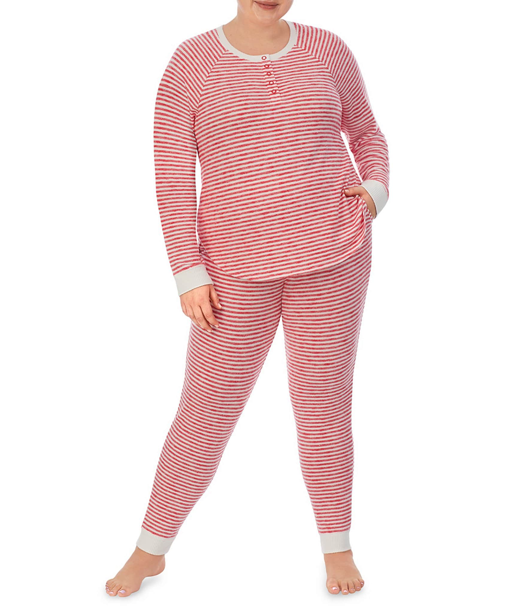 Kensie Plus Size Striped Print Long Sleeve Henley Pullover & Joggers Marshmallow  Jersey Pajama Set