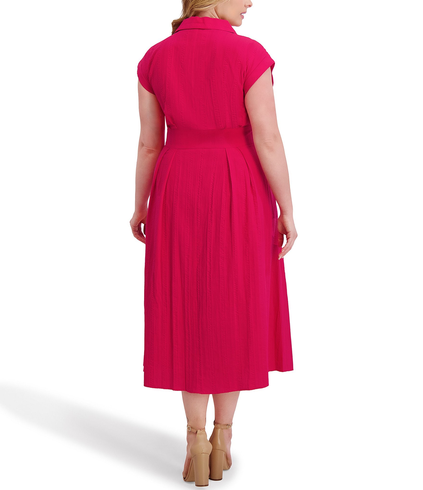 Kensie Plus Size Striped Woven Collared V-Neckline Short Sleeve A-Line Midi Dress