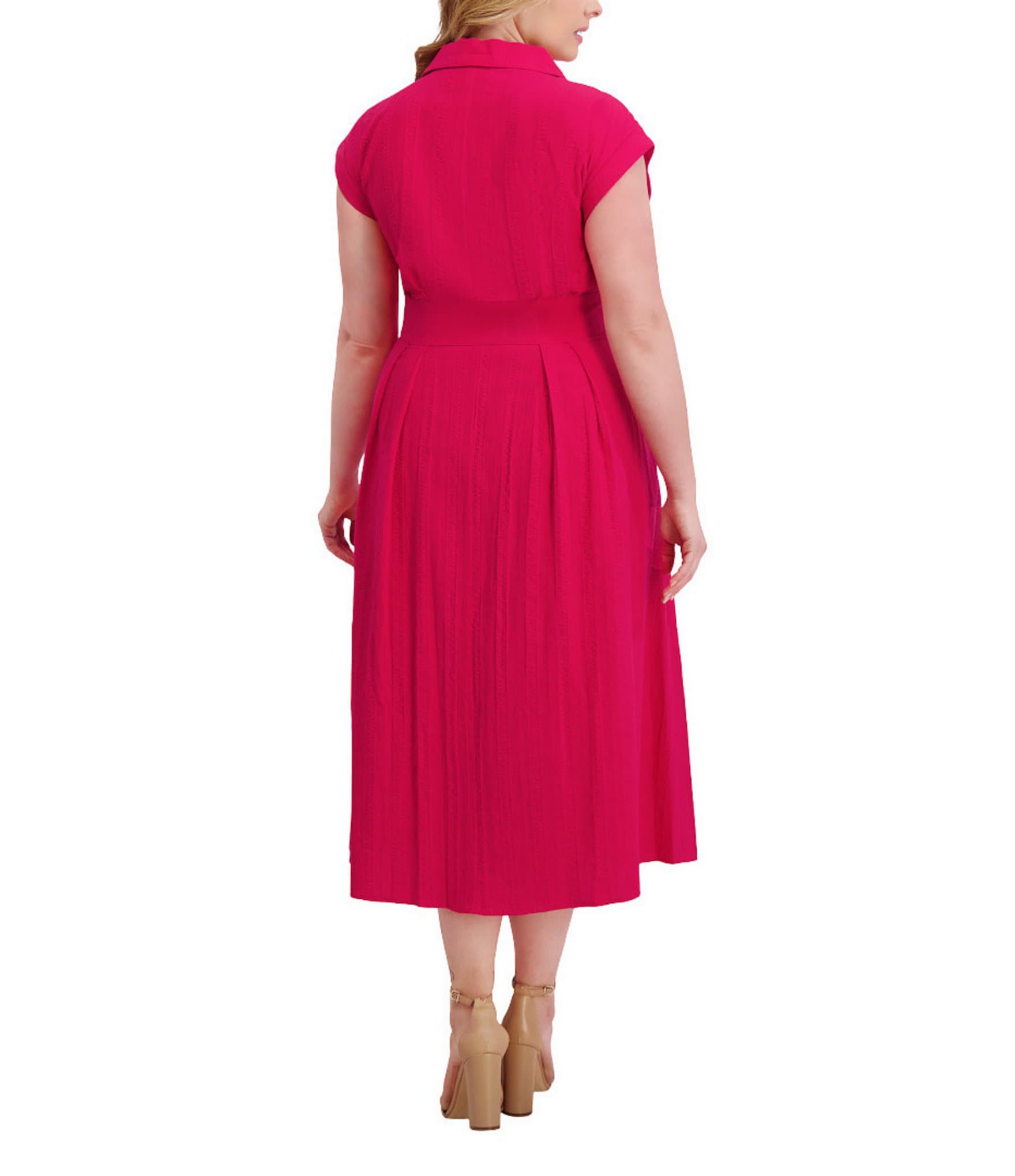 Kensie Plus Size Striped Woven Collared V-Neckline Short Sleeve A-Line Midi Dress