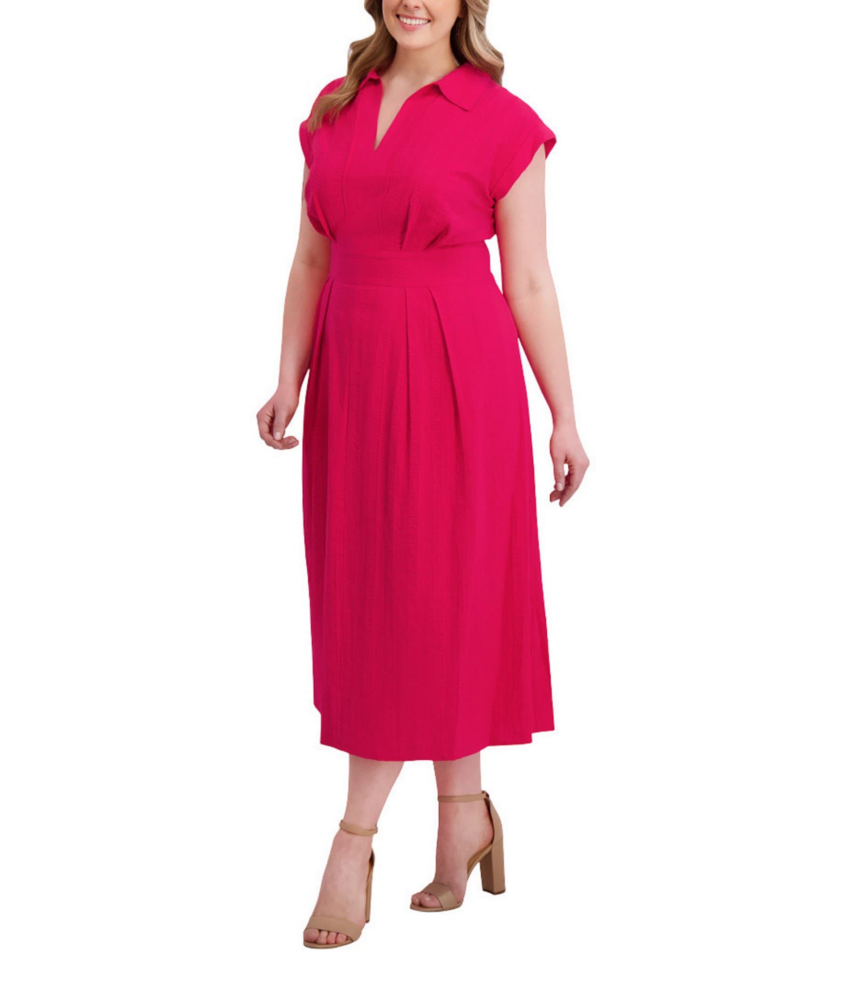 Kensie Plus Size Striped Woven Collared V-Neckline Short Sleeve A-Line Midi Dress